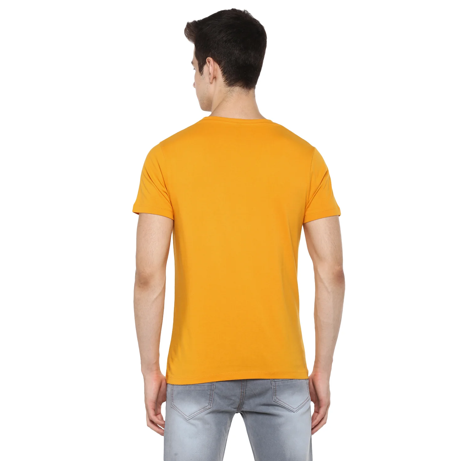 Men's Mustard Solid Slim Fit Round Neck Cotton T-Shirt - Image 3