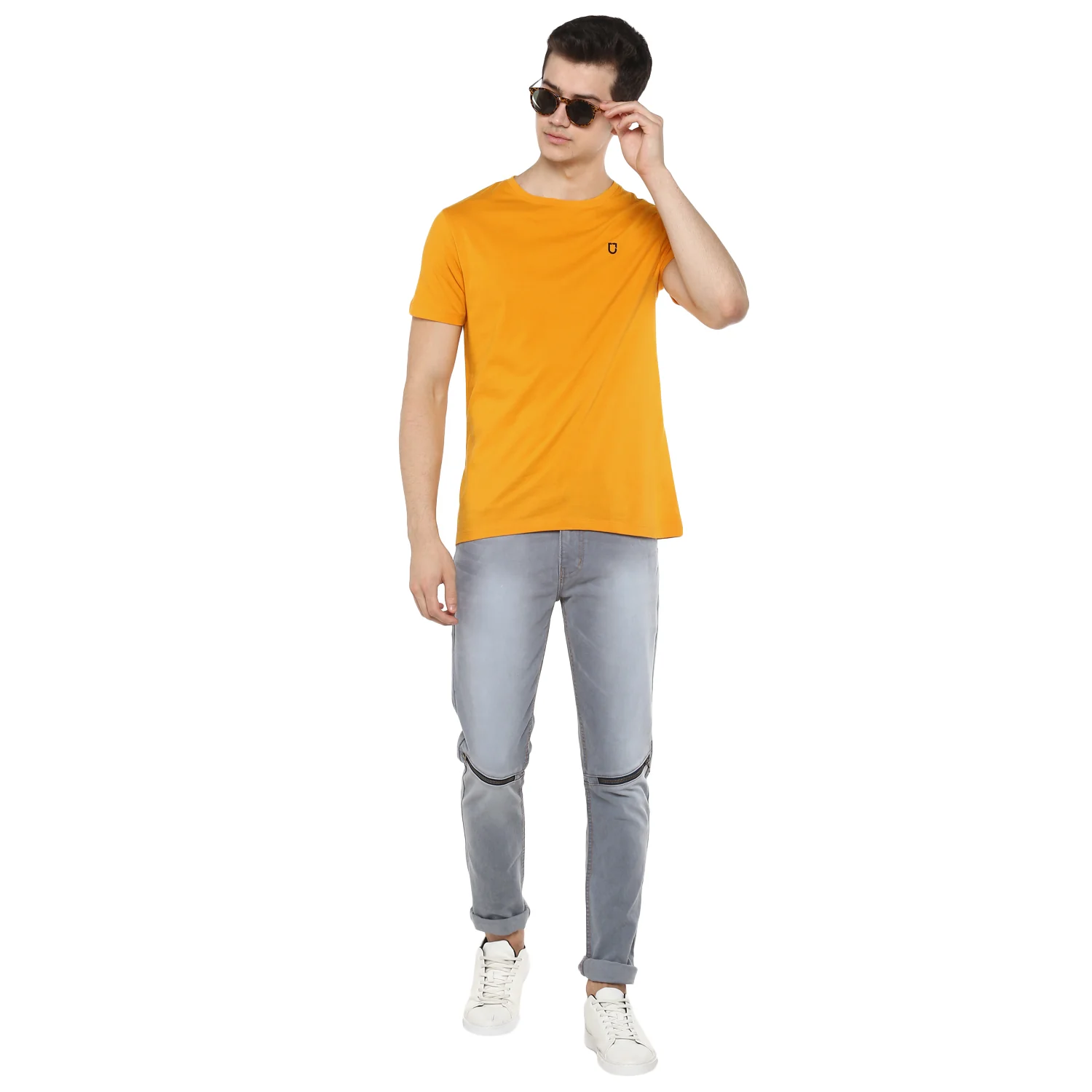 Men's Mustard Solid Slim Fit Round Neck Cotton T-Shirt - Image 4