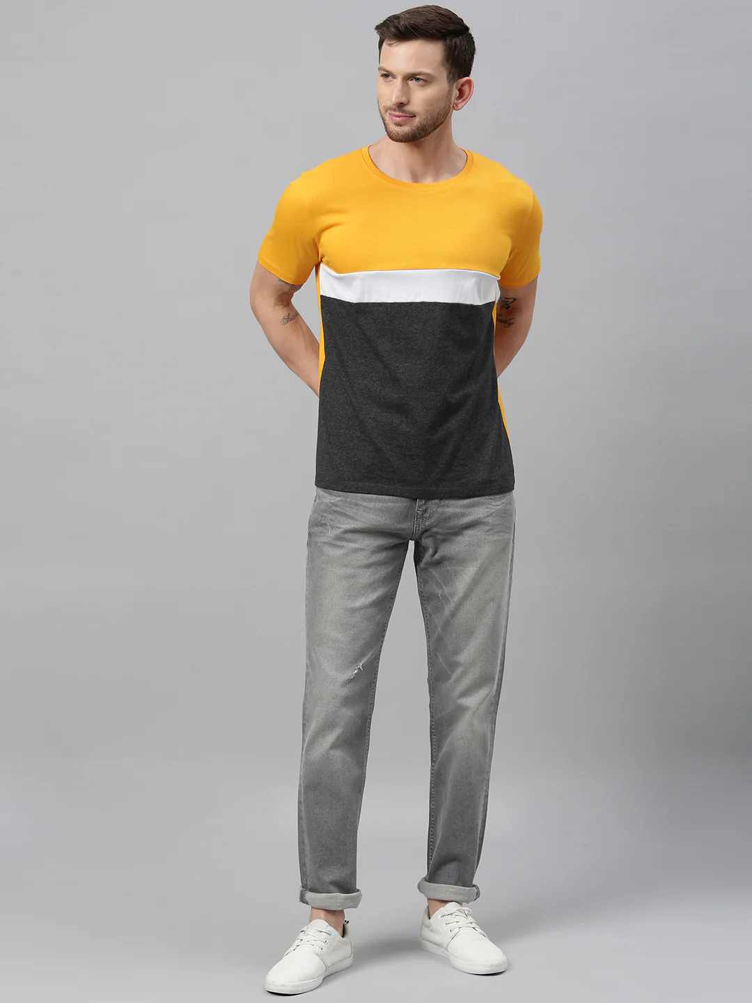 Men's Mustard, White, Charcoal Colour-Block Slim Fit Half Sleeve T-Shirt - Image 3