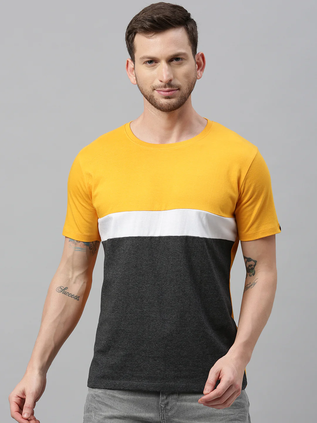 Men's Mustard, White, Charcoal Colour-Block Slim Fit Half Sleeve T-Shirt - Image 5