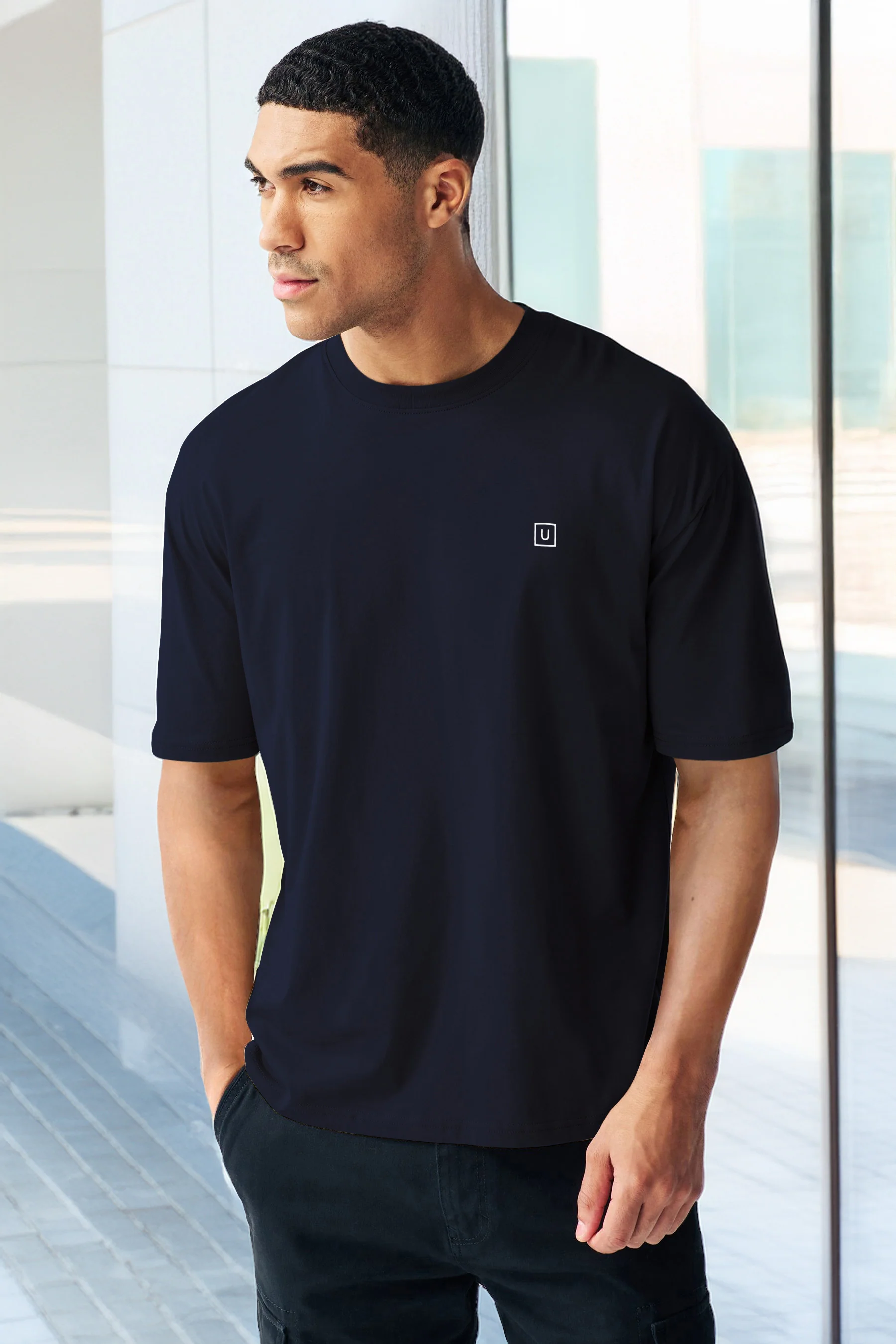 Men's Navy Blazer Solid Round Neck Oversized Half Sleeve Cotton T-Shirt