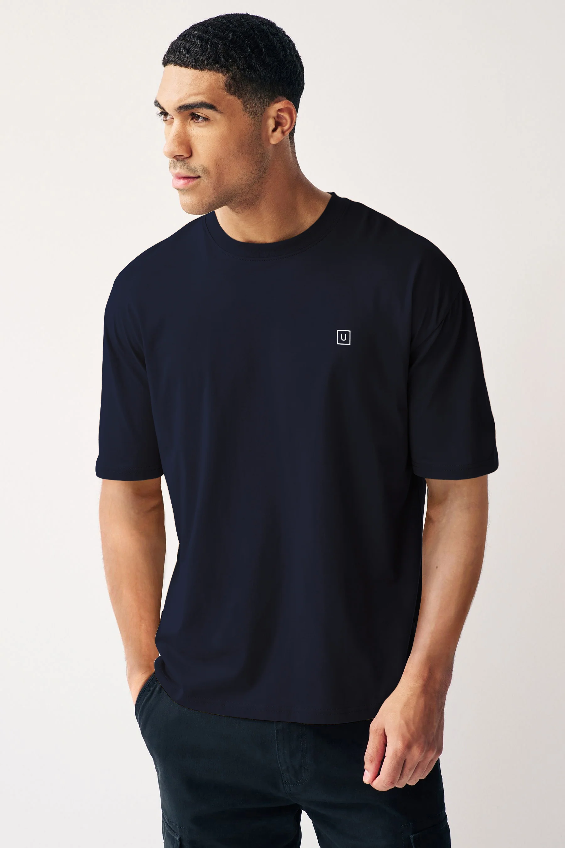 Men's Navy Blazer Solid Round Neck Oversized Half Sleeve Cotton T-Shirt - Image 2