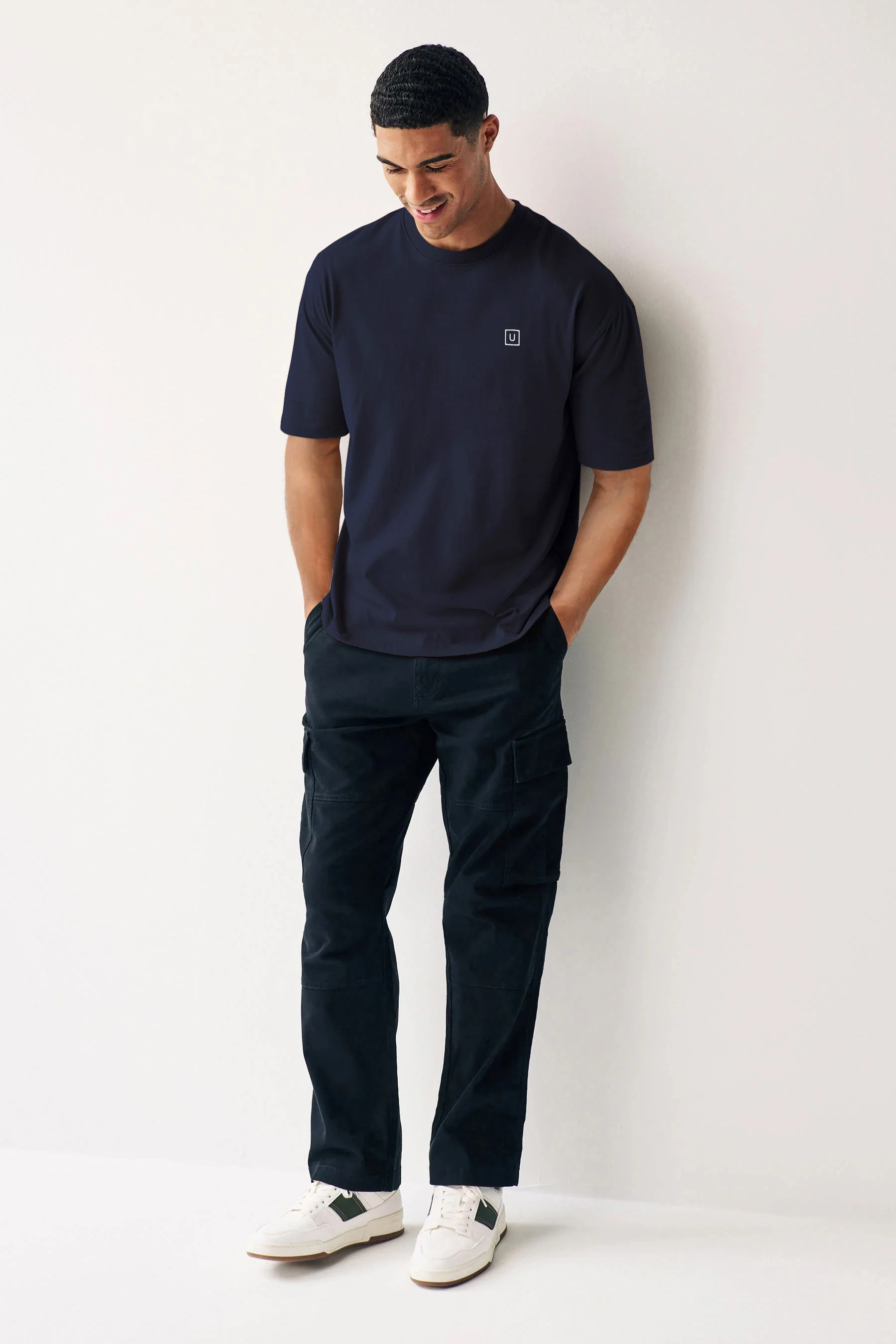 Men's Navy Blazer Solid Round Neck Oversized Half Sleeve Cotton T-Shirt - Image 4