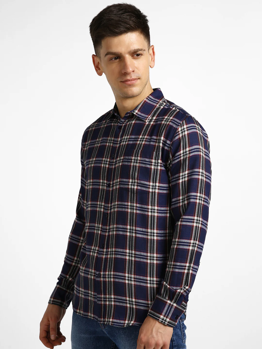 Men's Navy Blue Cotton Full Sleeve Slim Fit Casual Checkered Shirt - Image 2