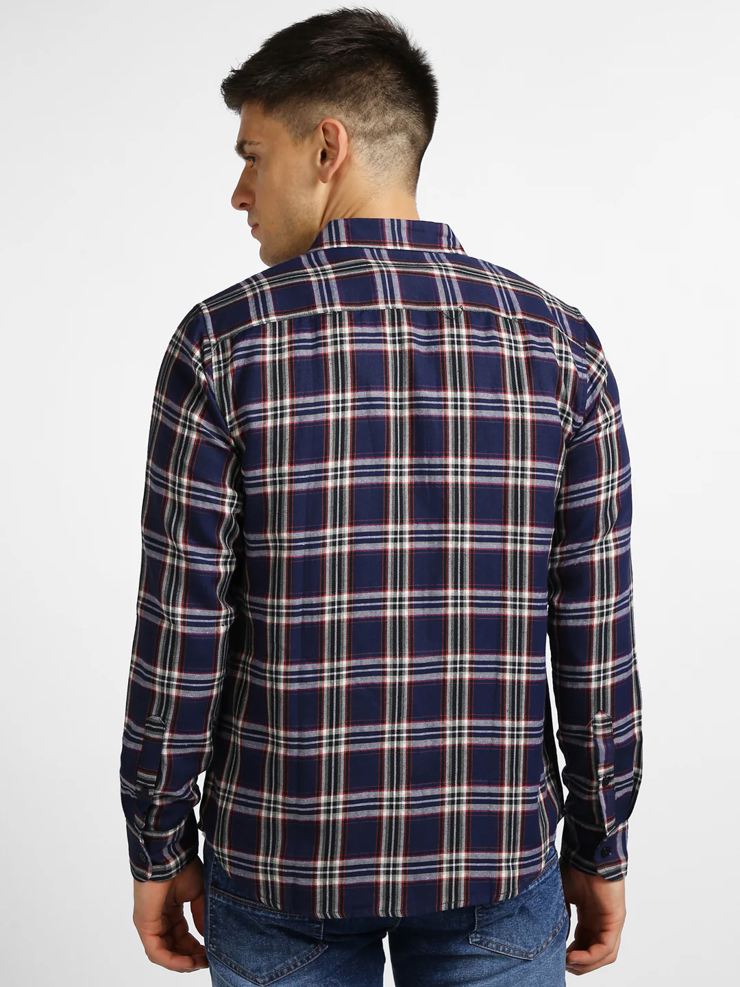 Men's Navy Blue Cotton Full Sleeve Slim Fit Casual Checkered Shirt - Image 3