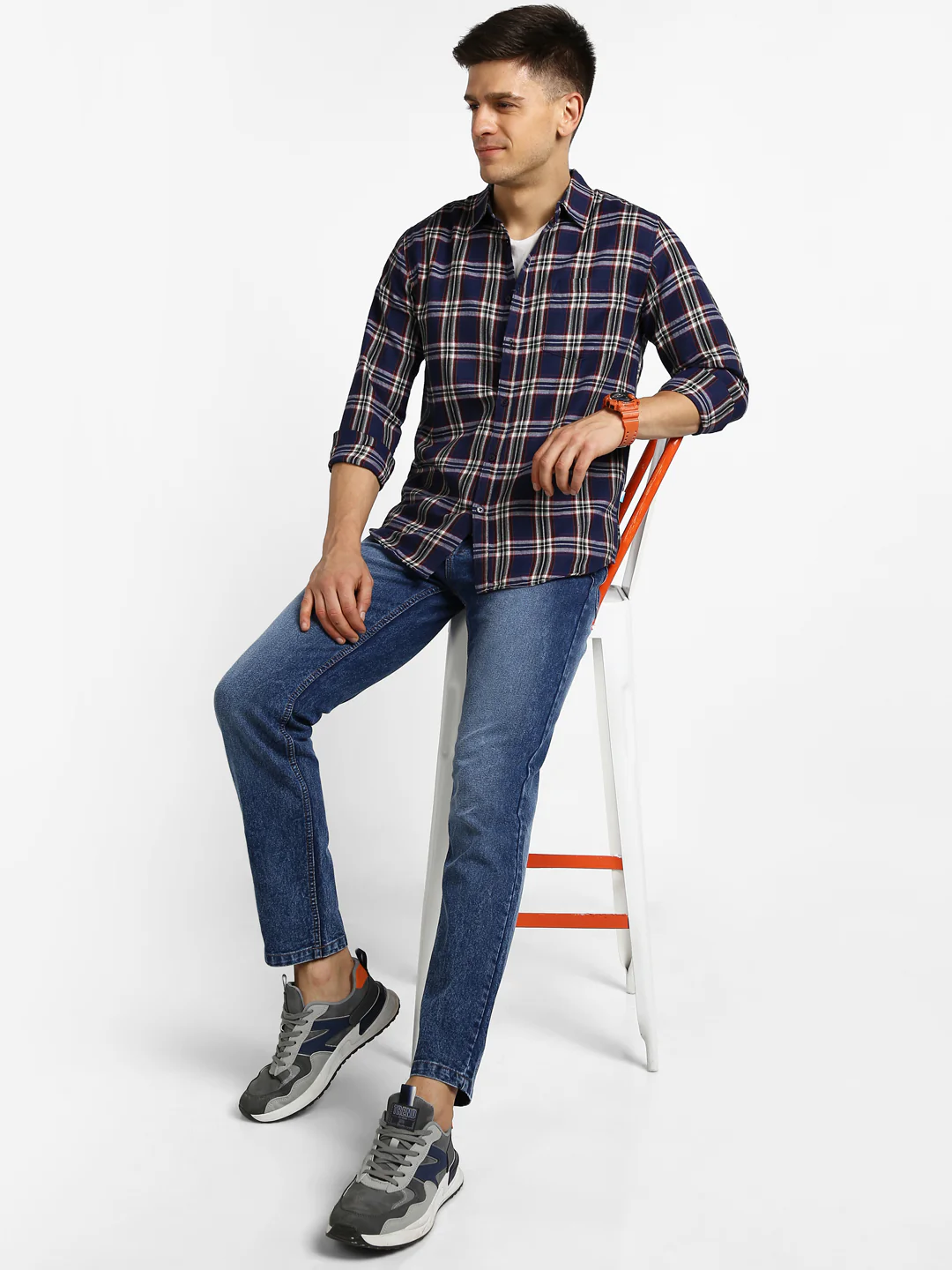 Men's Navy Blue Cotton Full Sleeve Slim Fit Casual Checkered Shirt - Image 4