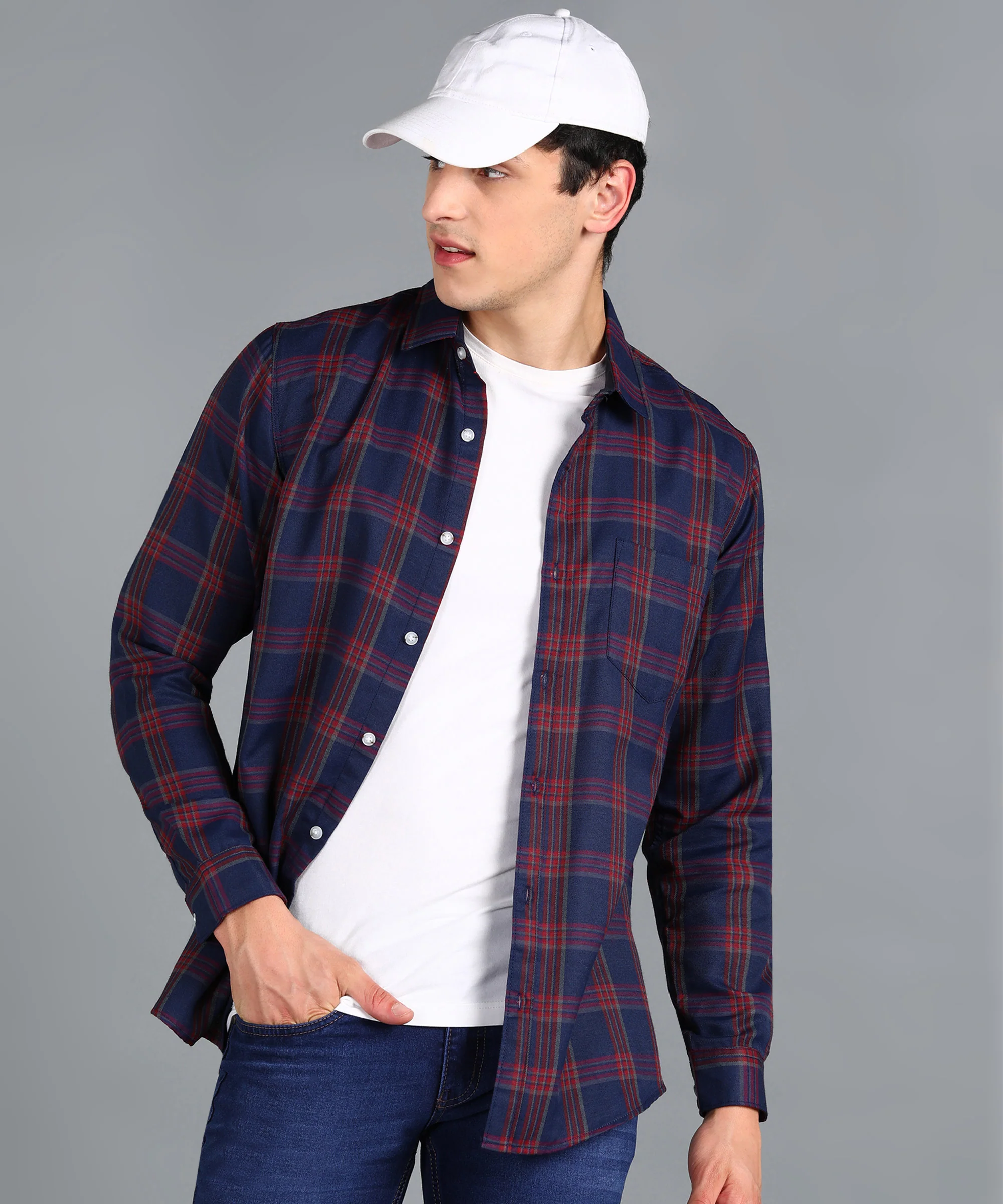 Men's Navy Blue Cotton Full Sleeve Slim Fit Casual Checkered Shirt - Image 2