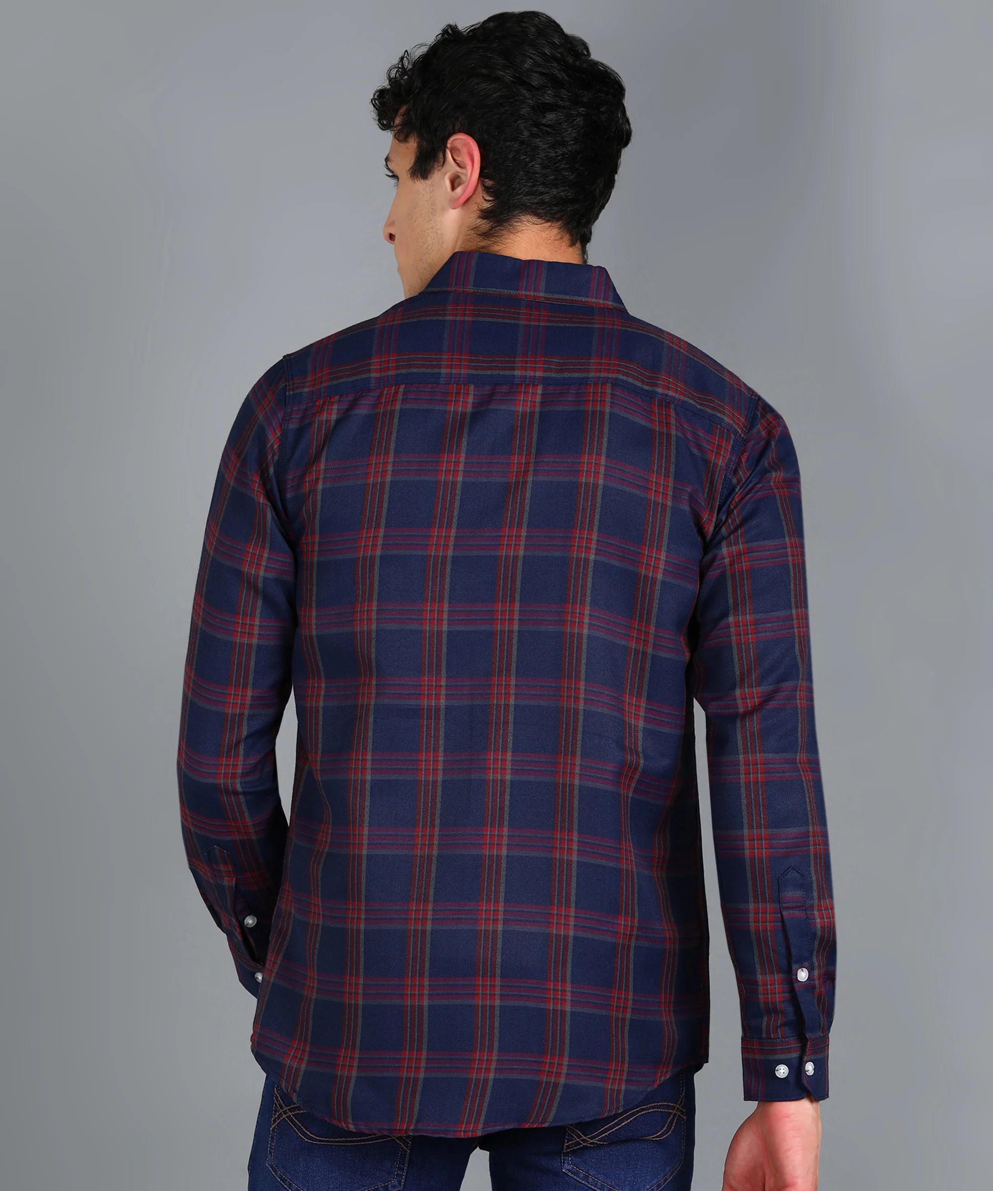 Men's Navy Blue Cotton Full Sleeve Slim Fit Casual Checkered Shirt - Image 3