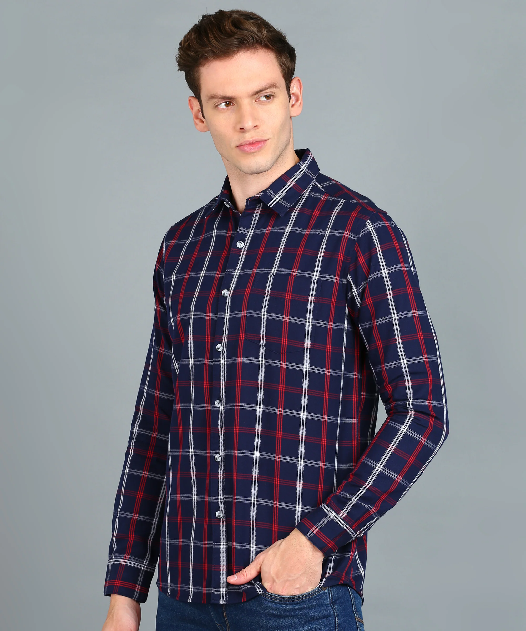Men's Navy Blue Cotton Full Sleeve Slim Fit Casual Checkered Shirt - Image 2