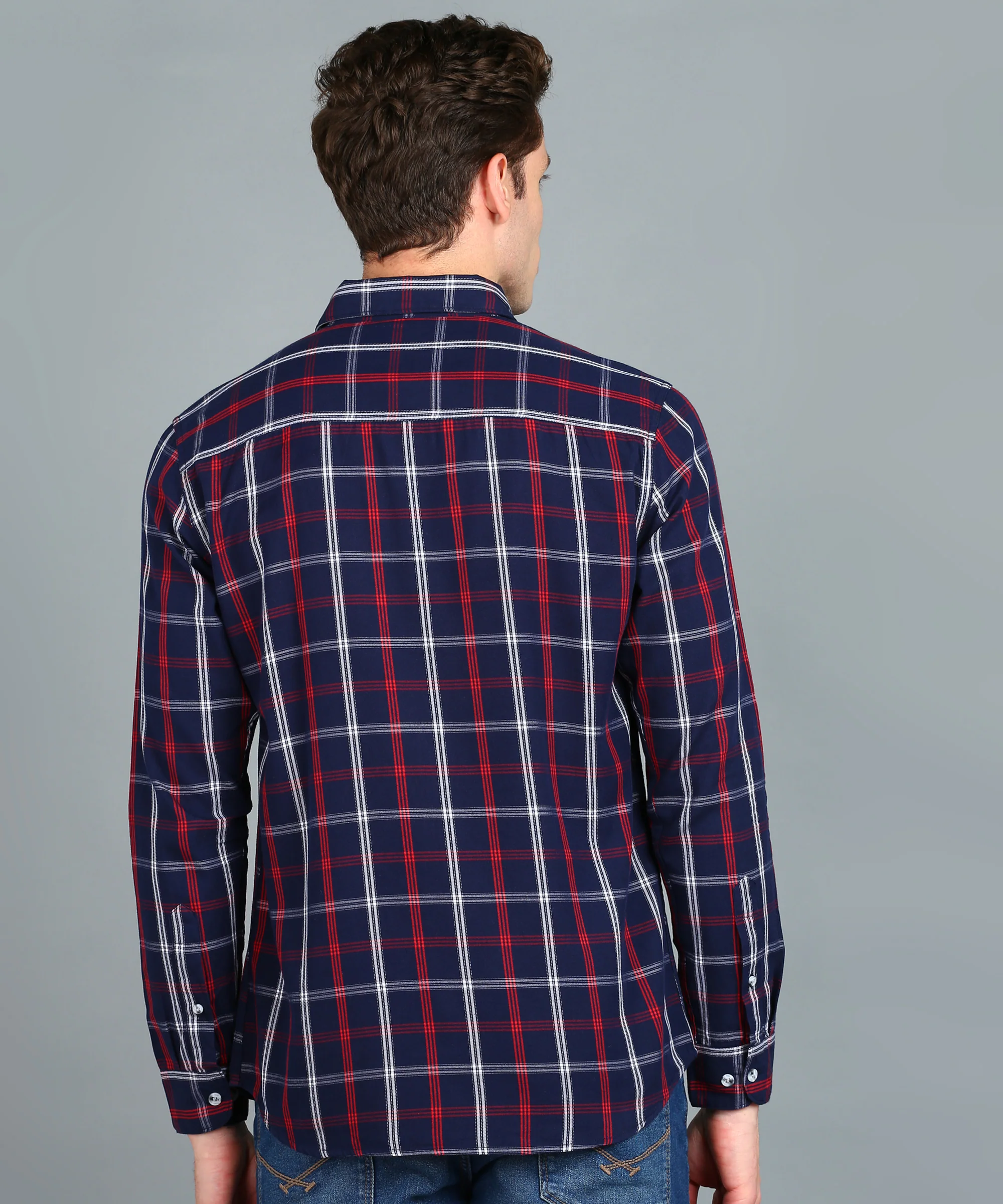 Men's Navy Blue Cotton Full Sleeve Slim Fit Casual Checkered Shirt - Image 3