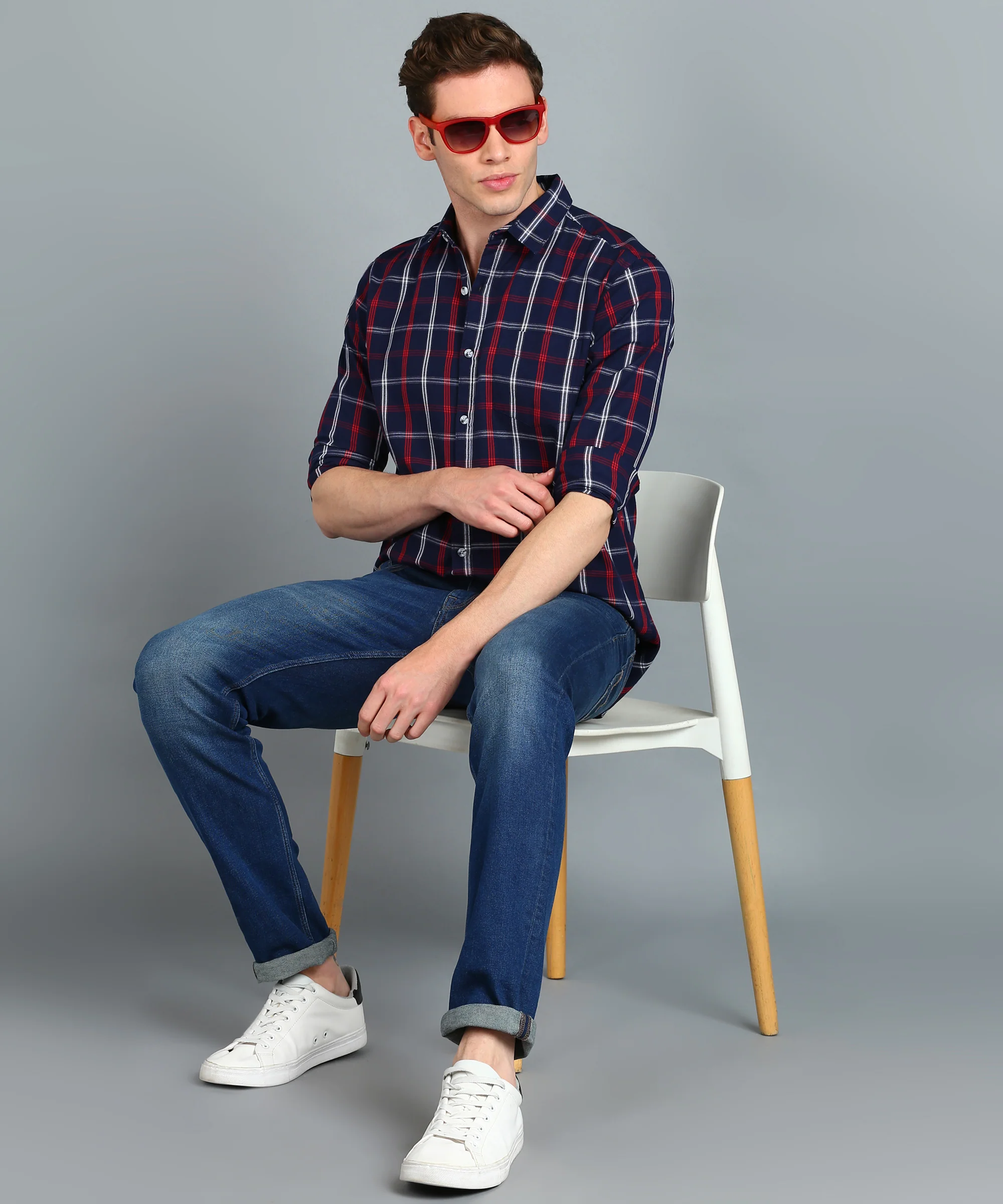 Men's Navy Blue Cotton Full Sleeve Slim Fit Casual Checkered Shirt - Image 4