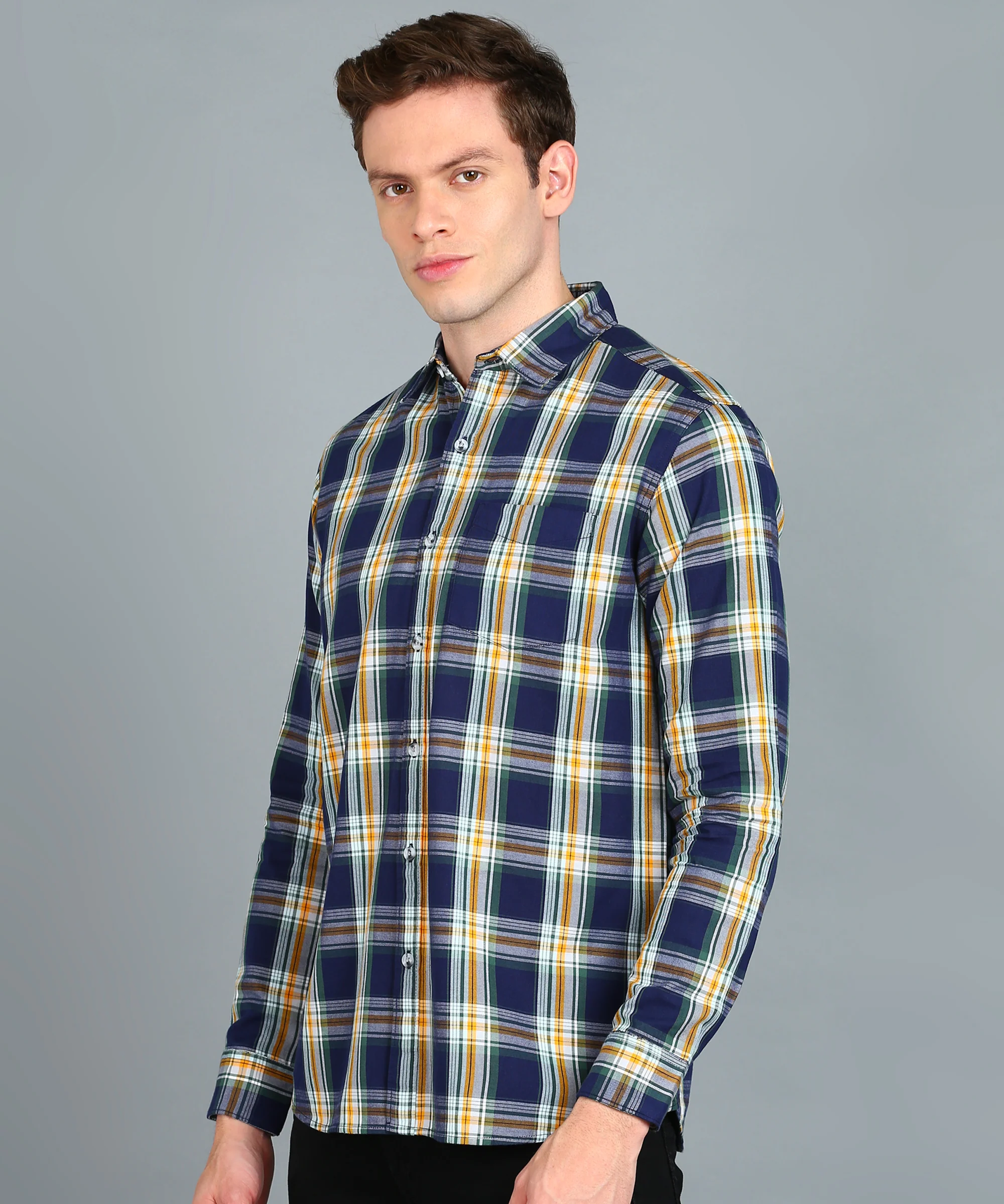 Men's Navy Blue Cotton Full Sleeve Slim Fit Casual Checkered Shirt - Image 2