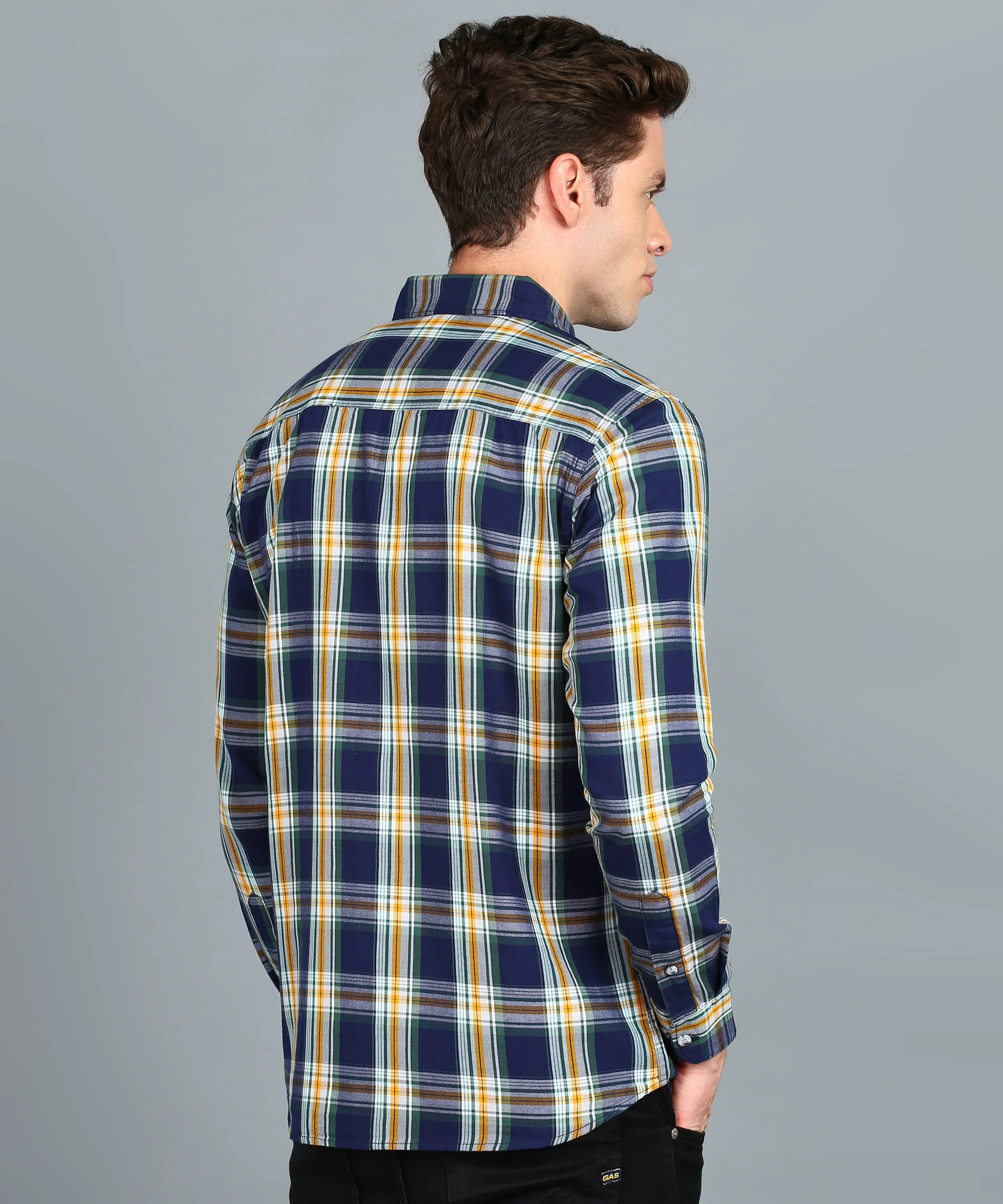 Men's Navy Blue Cotton Full Sleeve Slim Fit Casual Checkered Shirt - Image 3