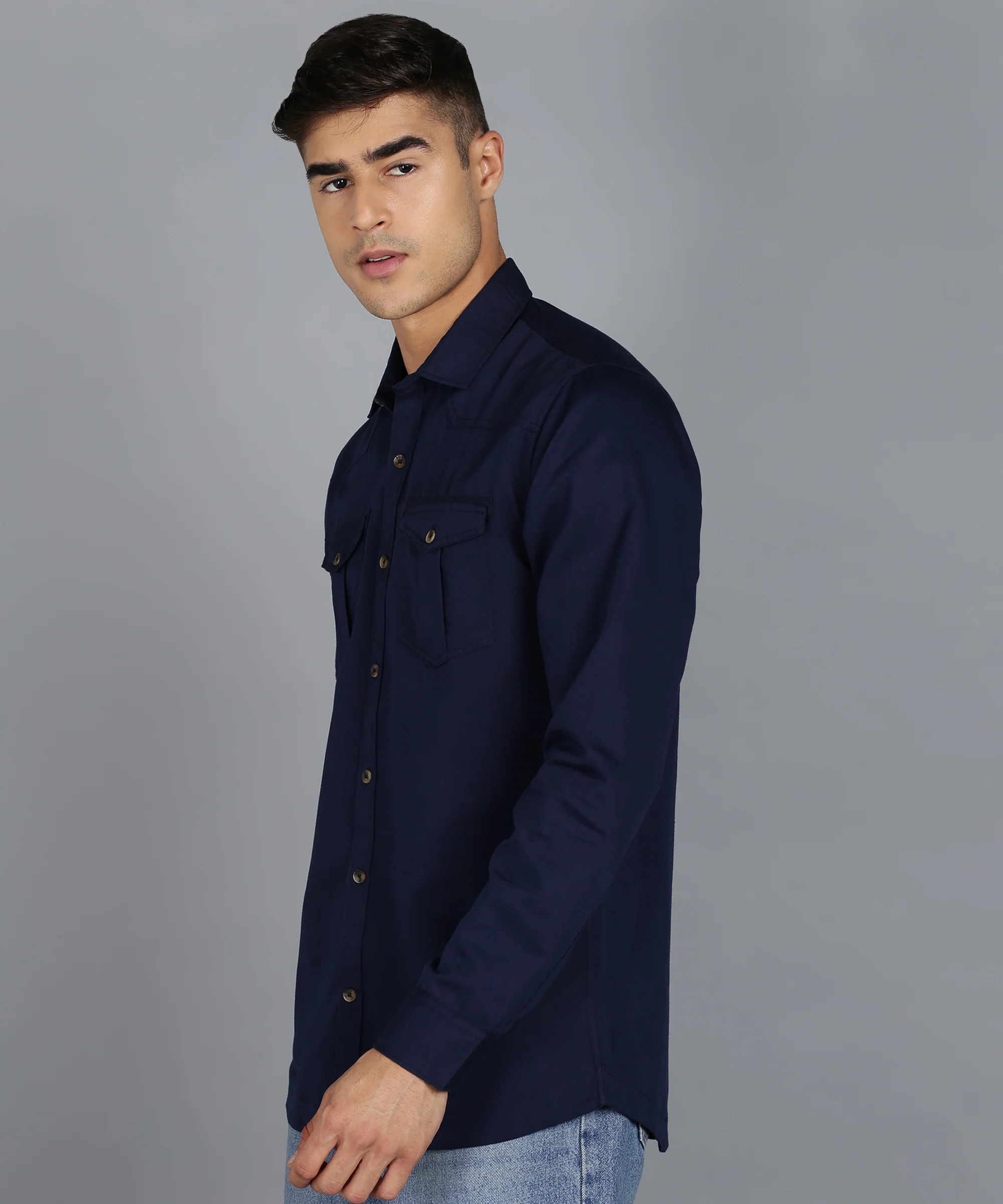 Men's Navy Blue Cotton Full Sleeve Slim Fit Casual Solid Shirt - Image 2