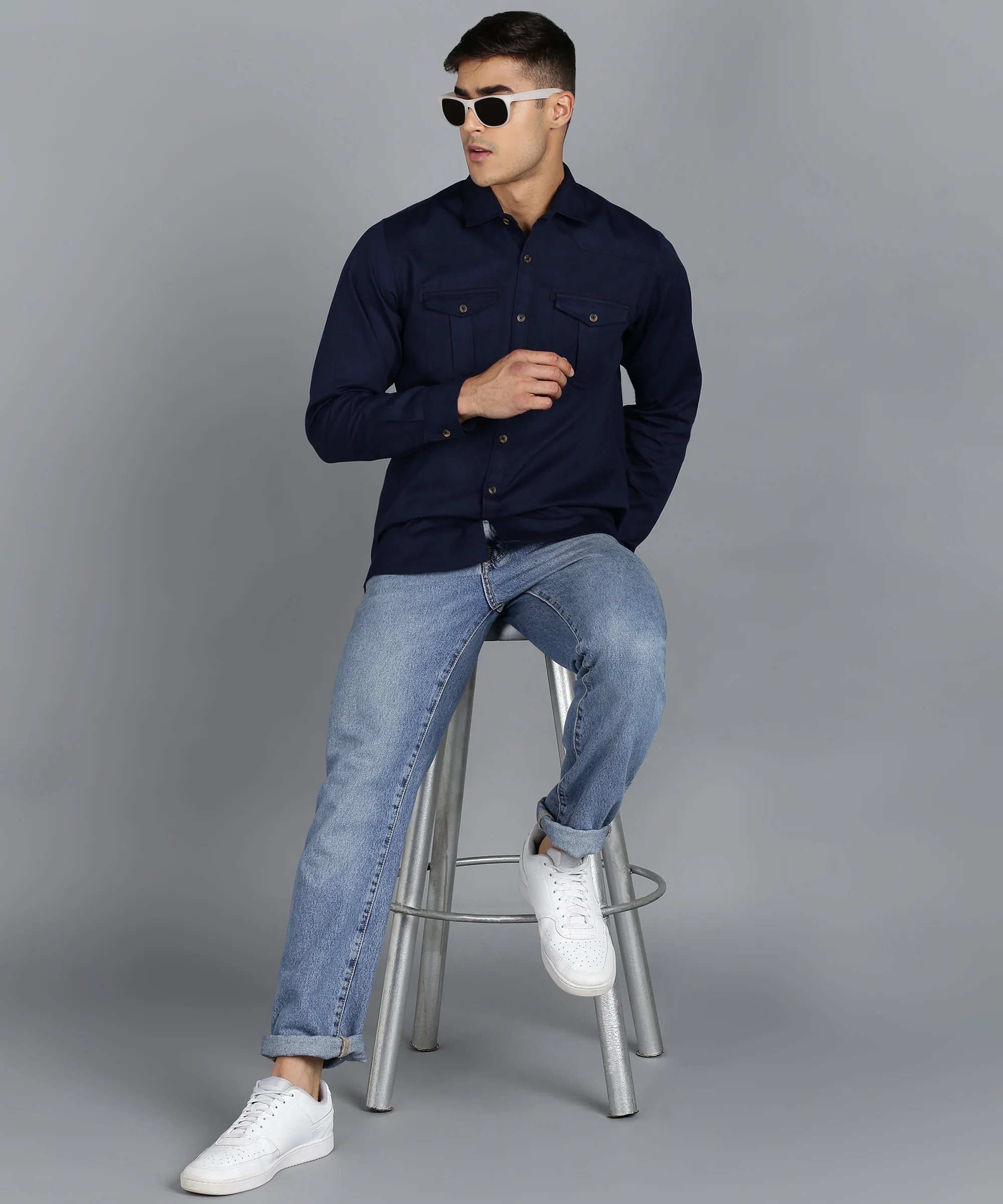 Men's Navy Blue Cotton Full Sleeve Slim Fit Casual Solid Shirt - Image 4