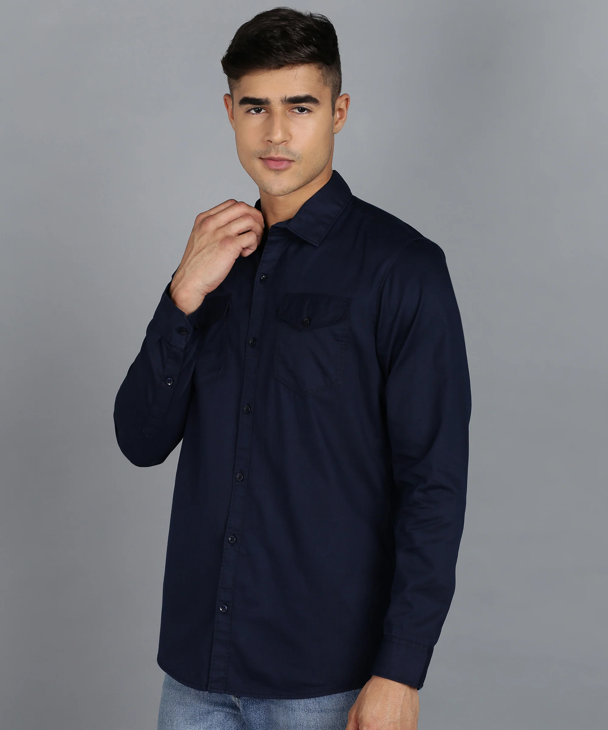Men's Navy Blue Cotton Full Sleeve Slim Fit Casual Solid Shirt - Image 2