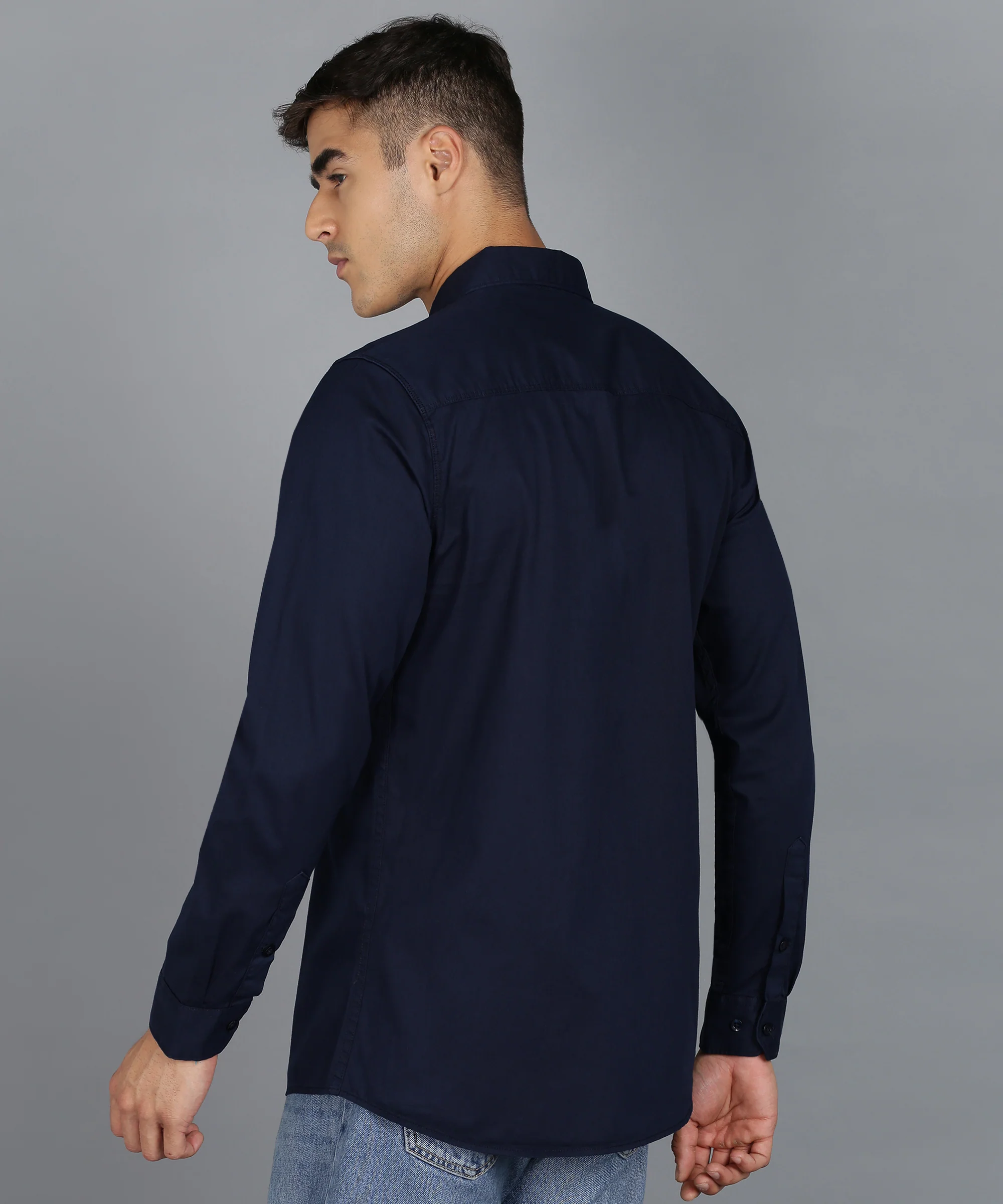 Men's Navy Blue Cotton Full Sleeve Slim Fit Casual Solid Shirt - Image 3