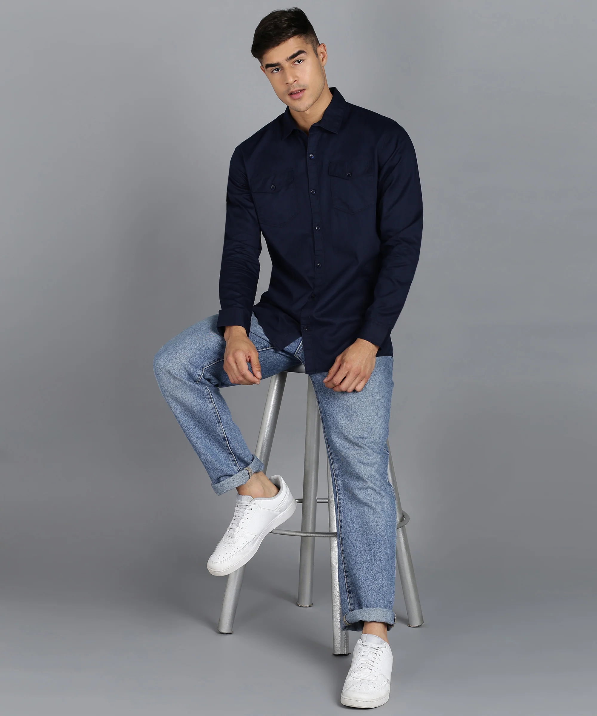 Men's Navy Blue Cotton Full Sleeve Slim Fit Casual Solid Shirt - Image 4