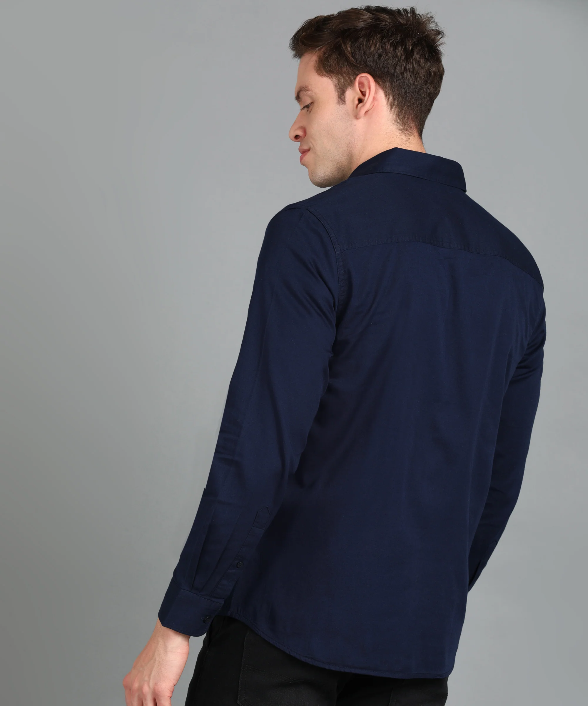 Men's Navy Blue Cotton Full Sleeve Slim Fit Casual Solid Shirt - Image 3