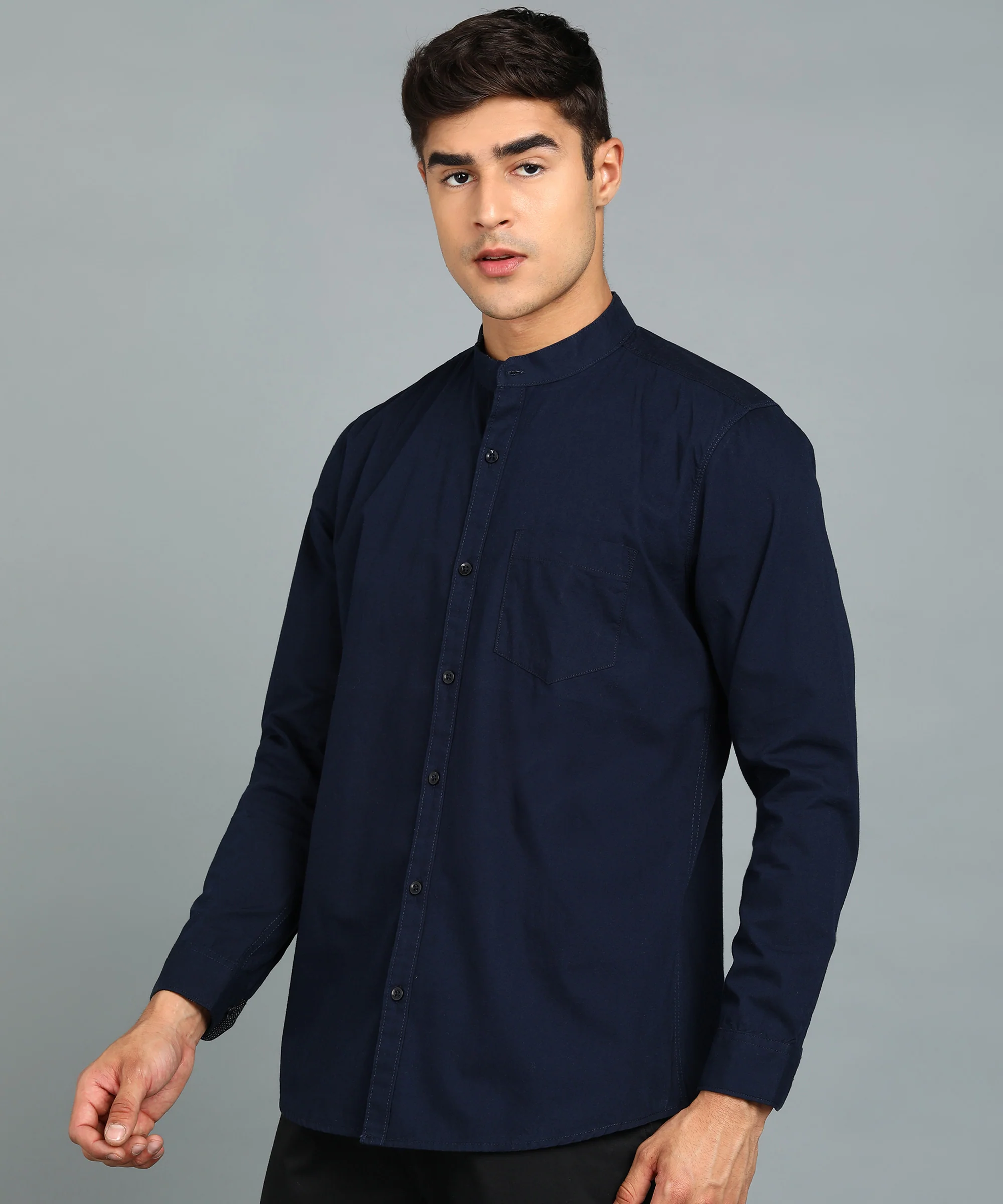 Men's Navy Blue Cotton Full Sleeve Slim Fit Solid Shirt with Mandarin Collar - Image 2