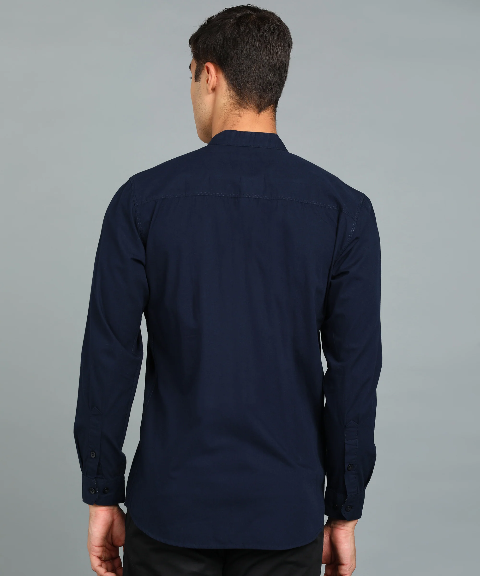 Men's Navy Blue Cotton Full Sleeve Slim Fit Solid Shirt with Mandarin Collar - Image 3