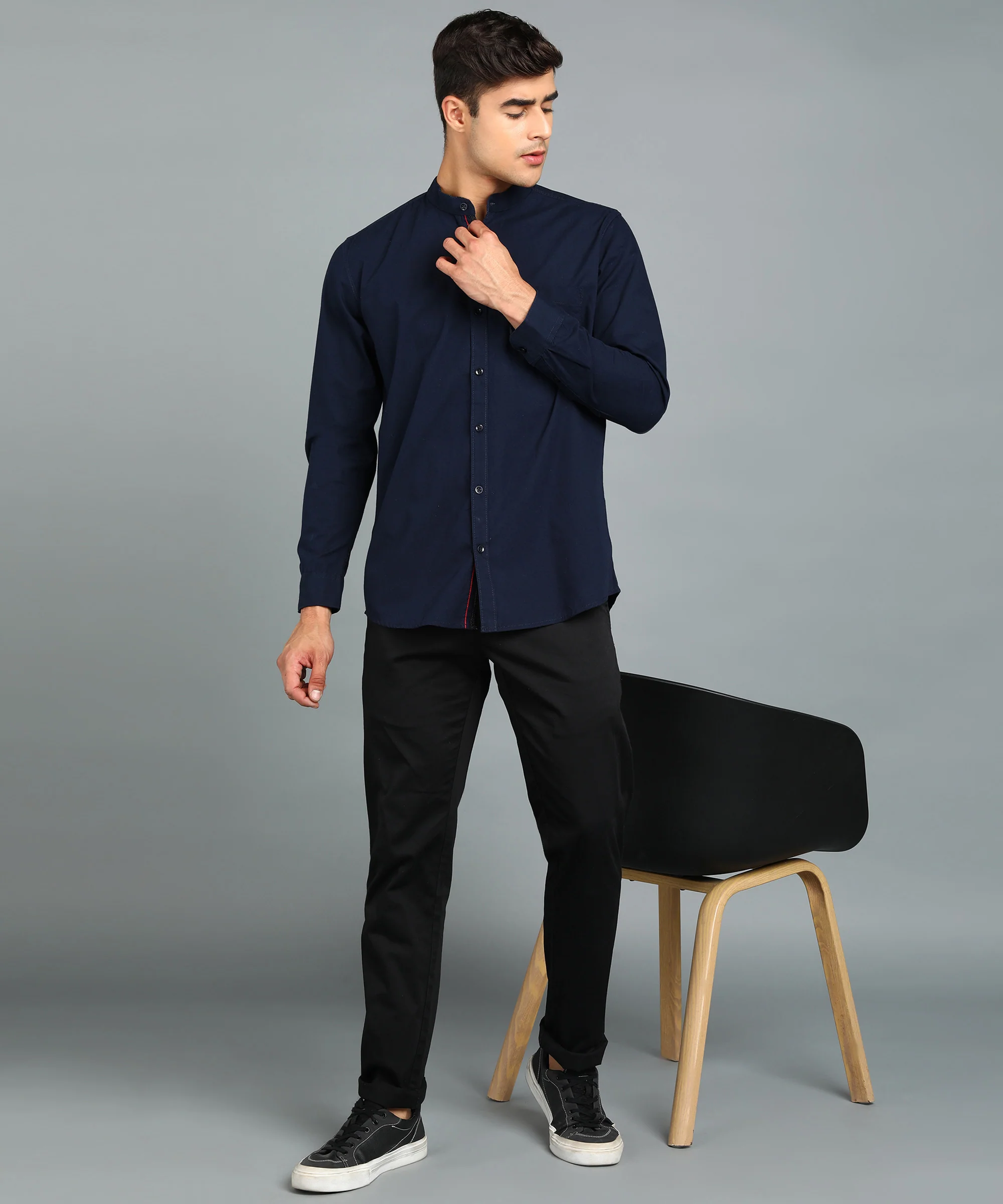 Men's Navy Blue Cotton Full Sleeve Slim Fit Solid Shirt with Mandarin Collar - Image 4