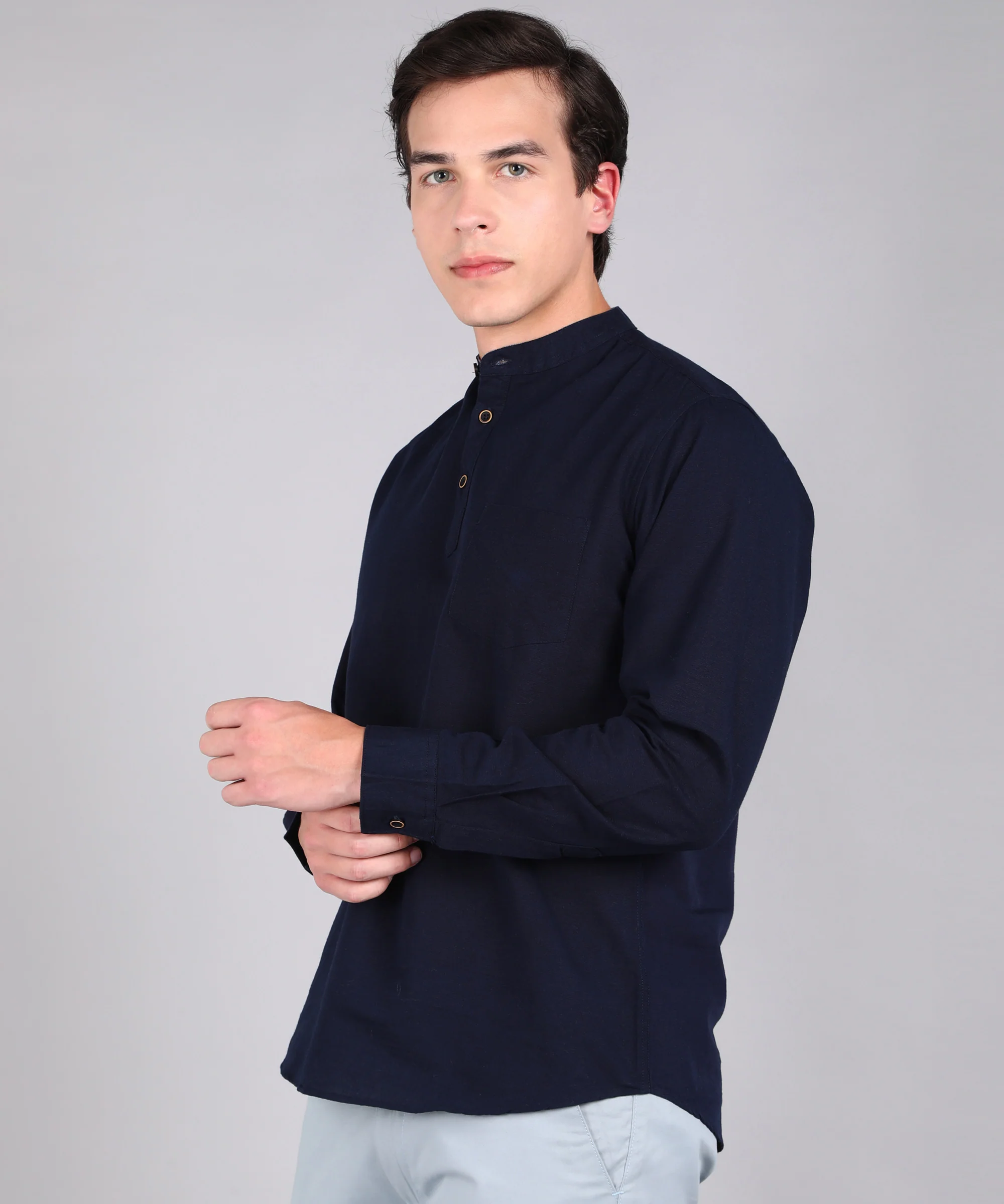 Men's Navy Blue Cotton Full Sleeve Slim Fit Solid Shirt with Mandarin Collar - Image 2
