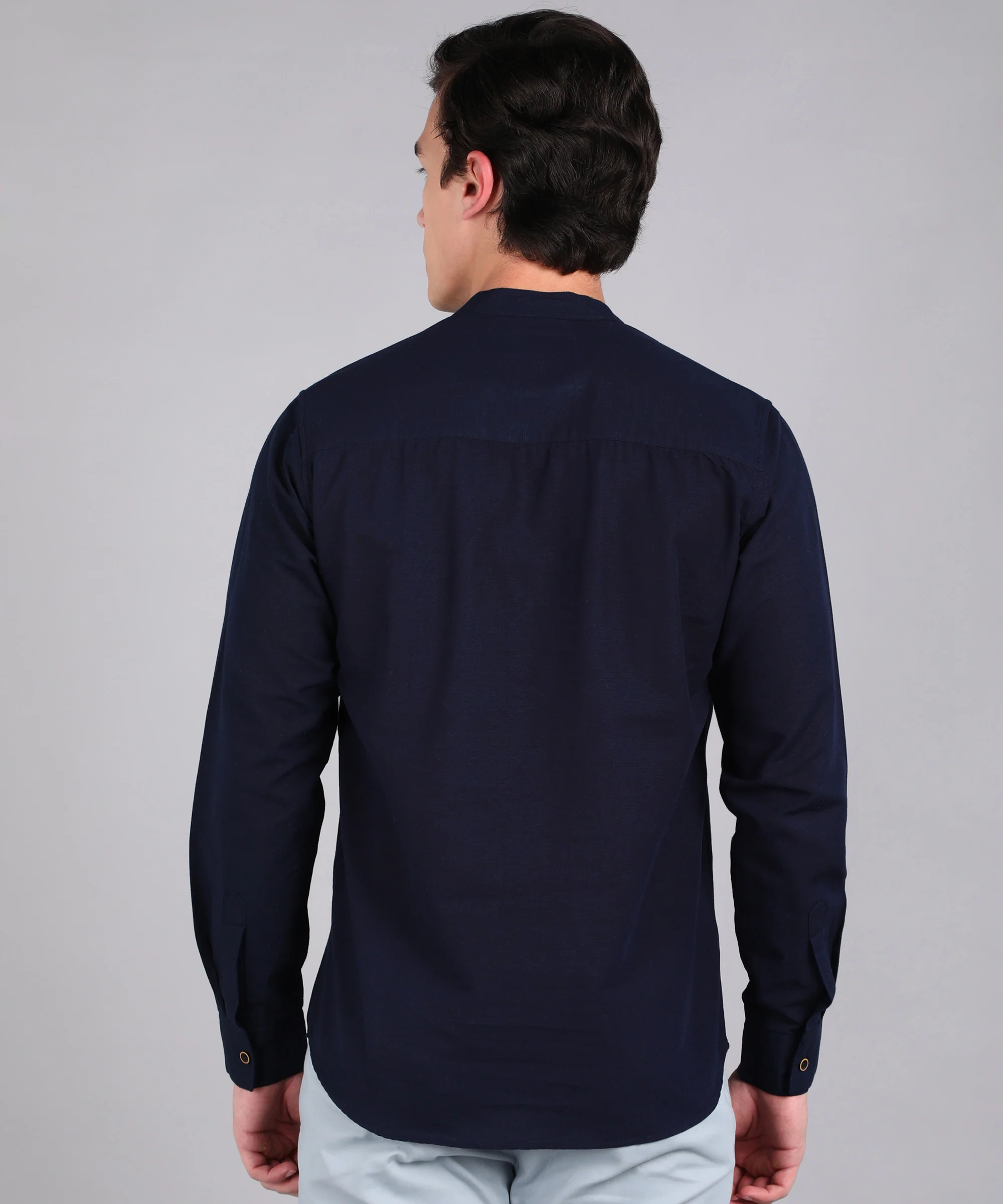 Men's Navy Blue Cotton Full Sleeve Slim Fit Solid Shirt with Mandarin Collar - Image 3