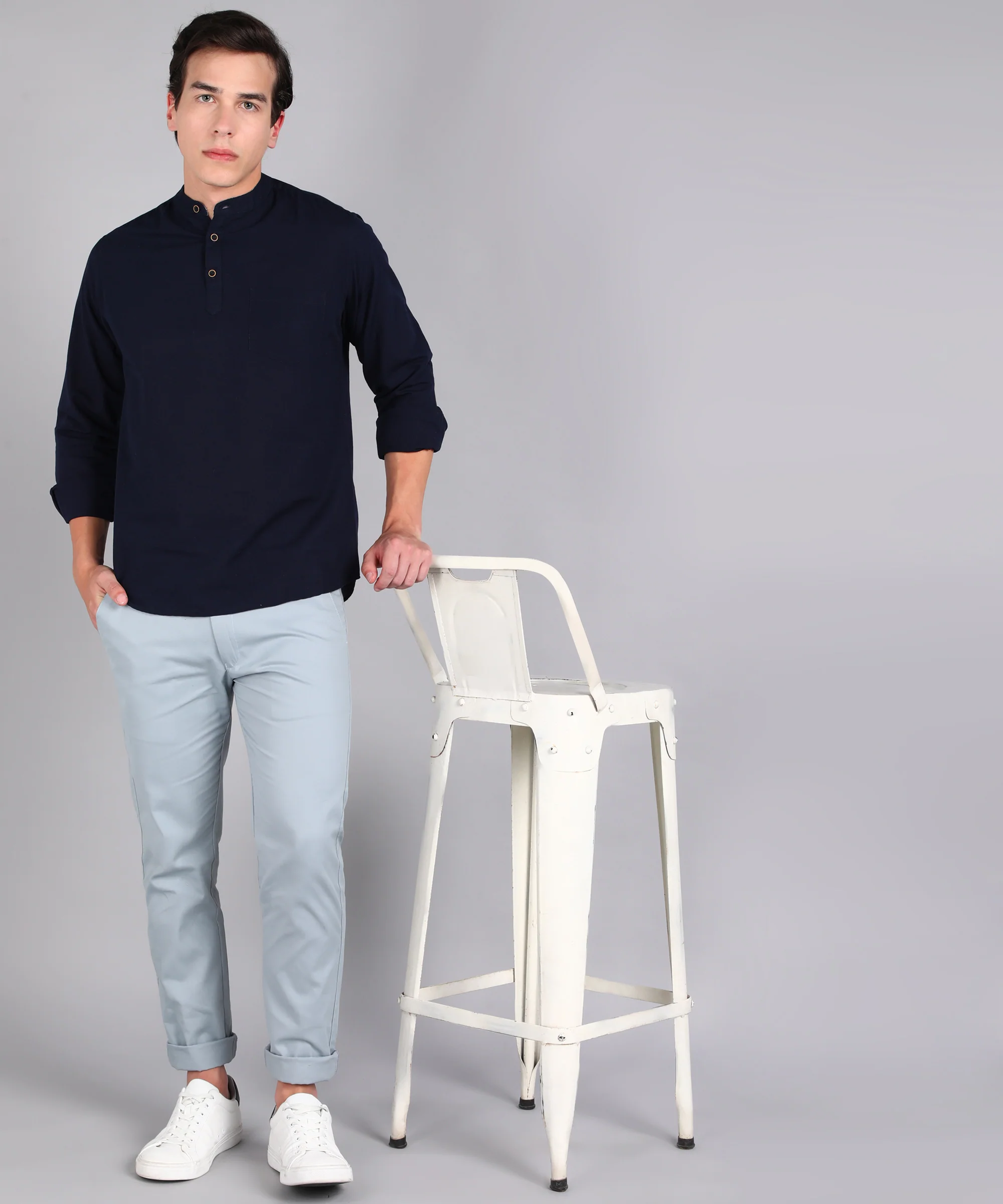 Men's Navy Blue Cotton Full Sleeve Slim Fit Solid Shirt with Mandarin Collar - Image 4