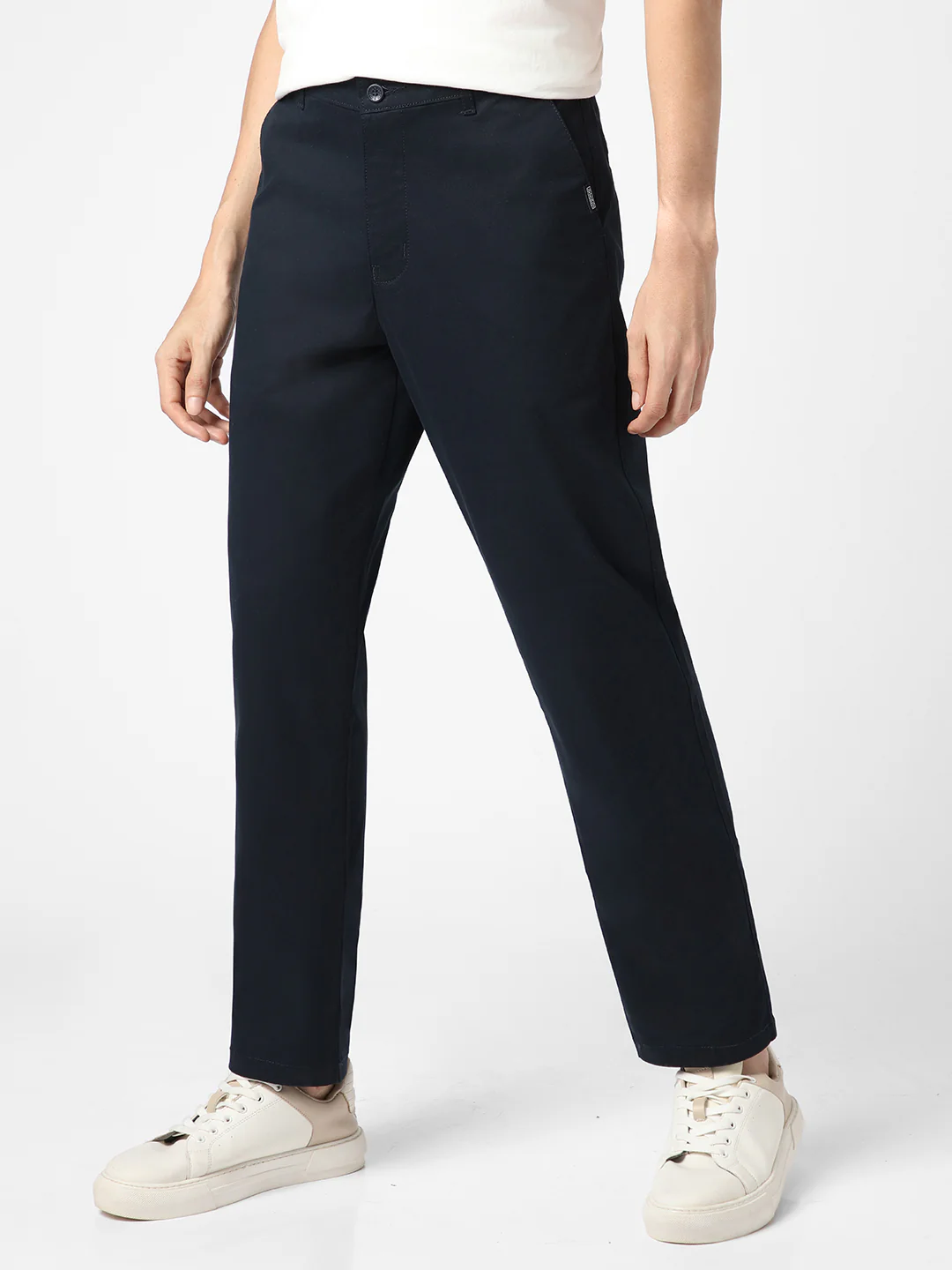 Men's Navy Blue Cotton Regular Fit Casual Chinos Trousers Stretch - Image 2