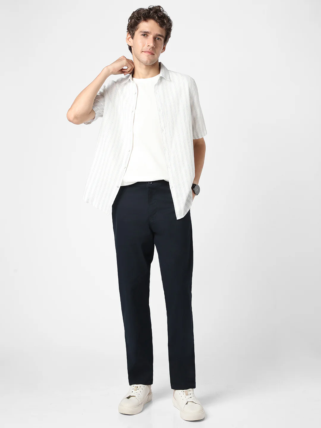 Men's Navy Blue Cotton Regular Fit Casual Chinos Trousers Stretch - Image 4