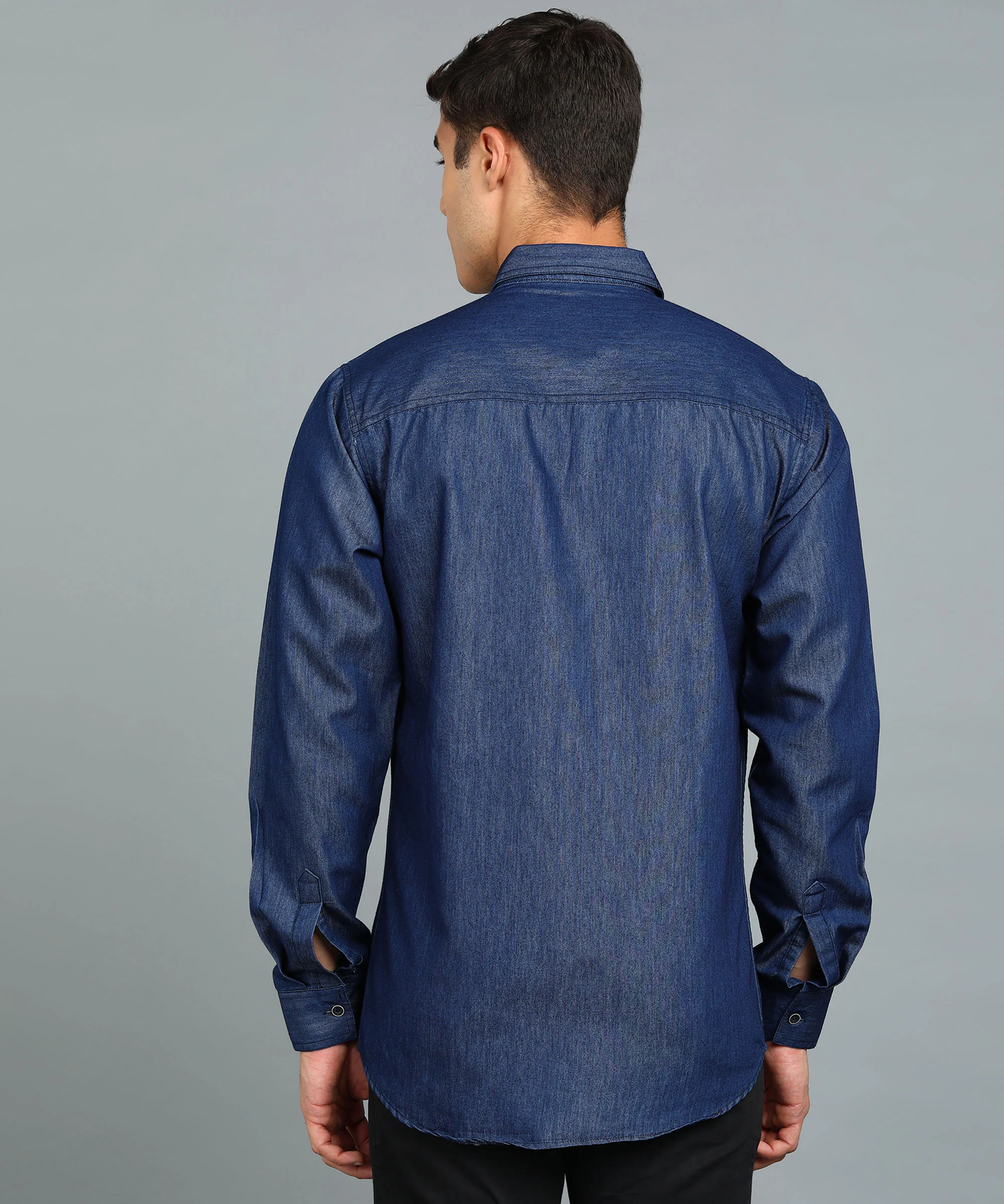 Men's Navy Blue Full Sleeve Slim Fit Casual Denim Shirt - Image 3