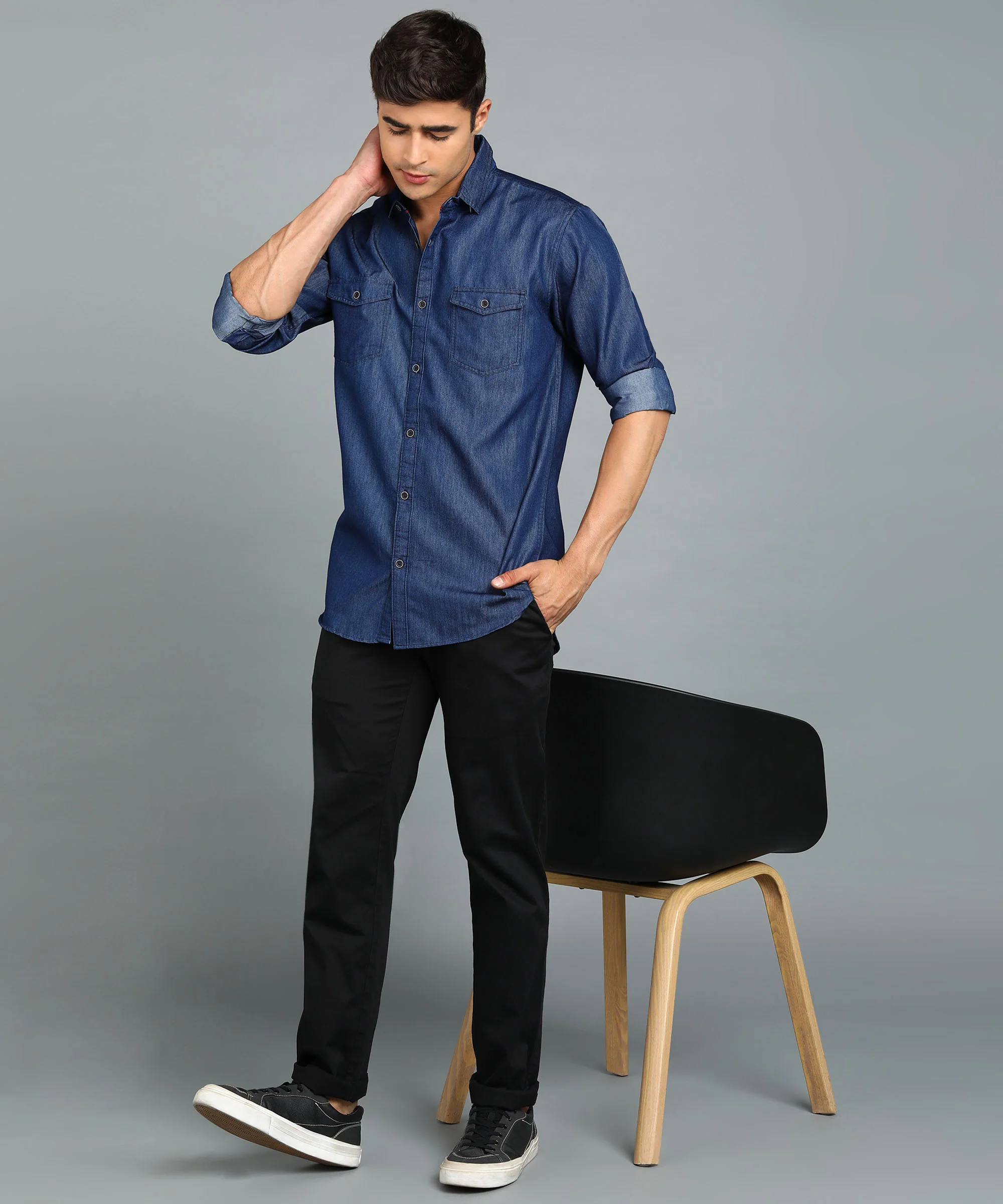 Men's Navy Blue Full Sleeve Slim Fit Casual Denim Shirt - Image 4