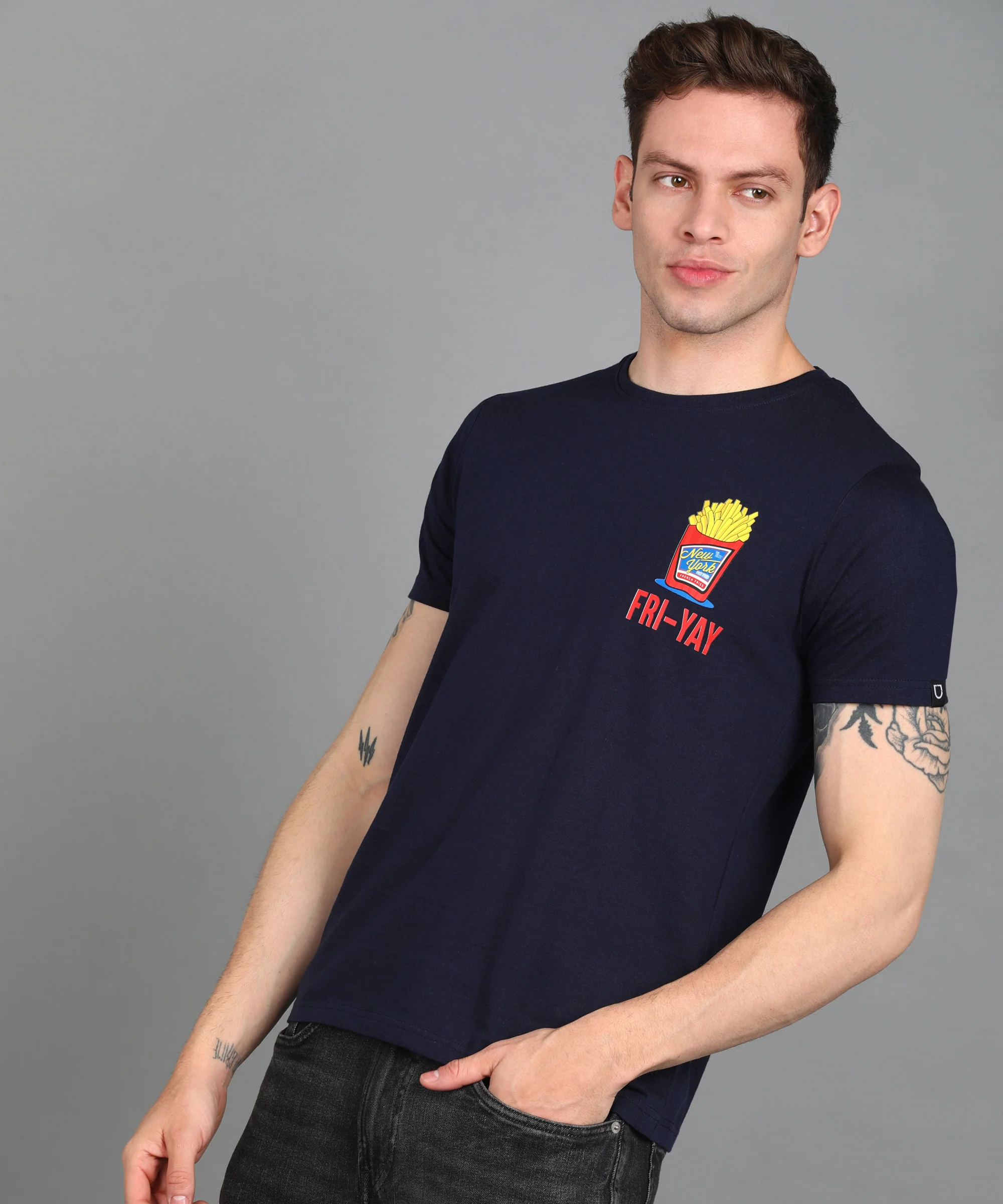 Urbano Fashion Men's Navy Blue Graphic Printed Round Neck Half Sleeve Slim Fit Cotton T-Shirt - Image 2