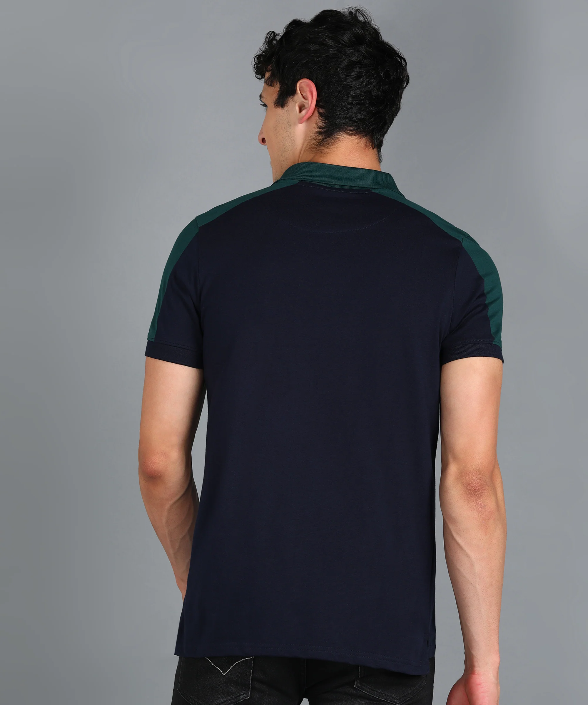 Men's Navy Blue, Green Colour-Block Slim Fit Half Sleeve Cotton Polo T-Shirt - Image 3