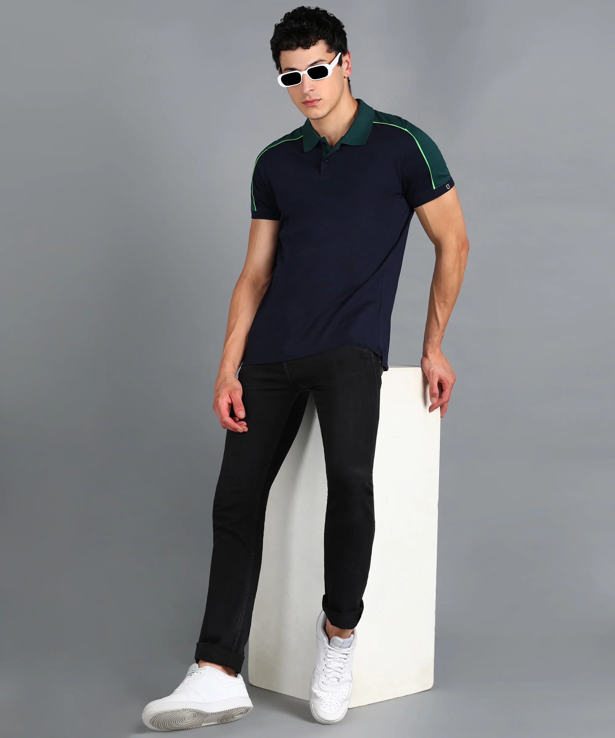 Men's Navy Blue, Green Colour-Block Slim Fit Half Sleeve Cotton Polo T-Shirt - Image 4