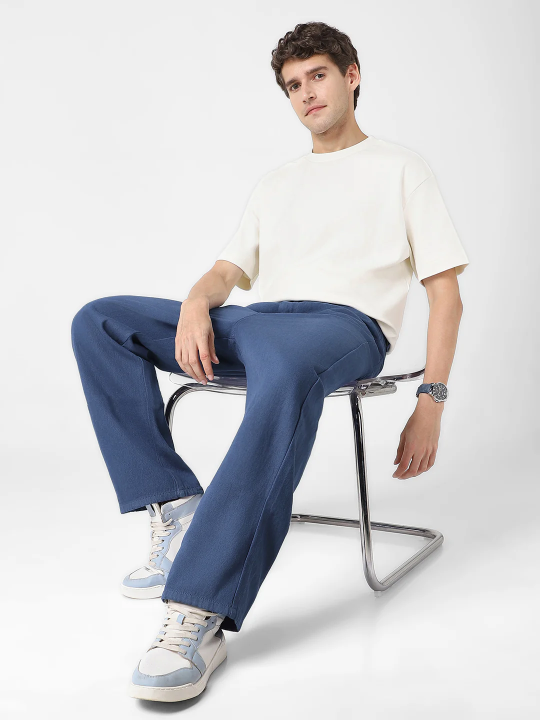 Men's Navy Blue Loose Baggy Fit Washed Jeans Non-Stretchable - Image 4