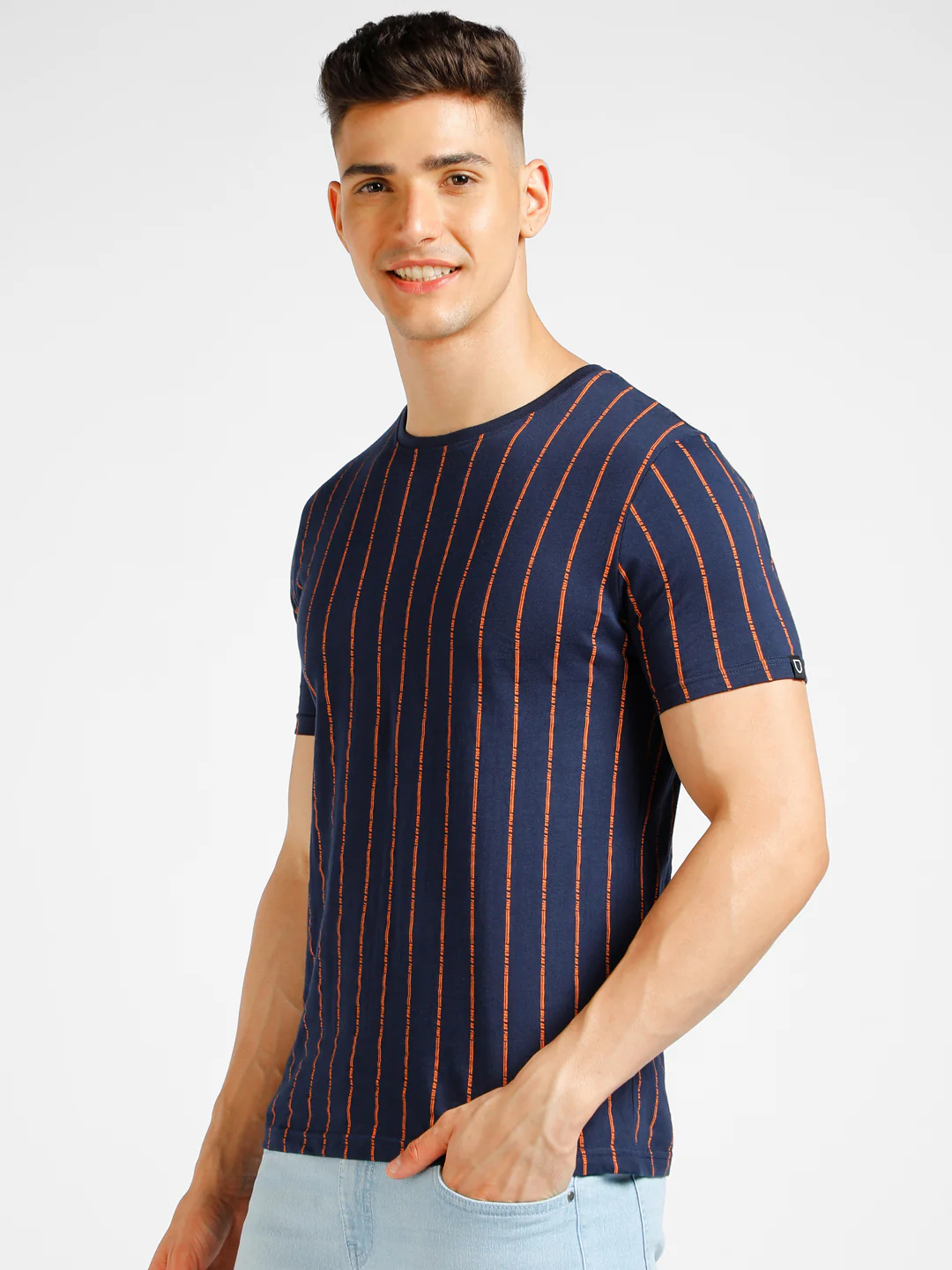 Men's Navy Blue Printed Round Neck Half Sleeve Slim Fit Cotton T-Shirt - Image 2