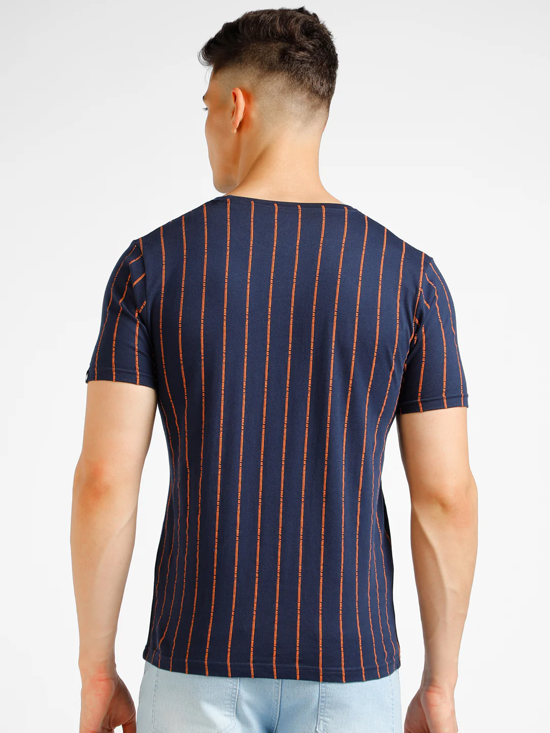 Men's Navy Blue Printed Round Neck Half Sleeve Slim Fit Cotton T-Shirt - Image 3