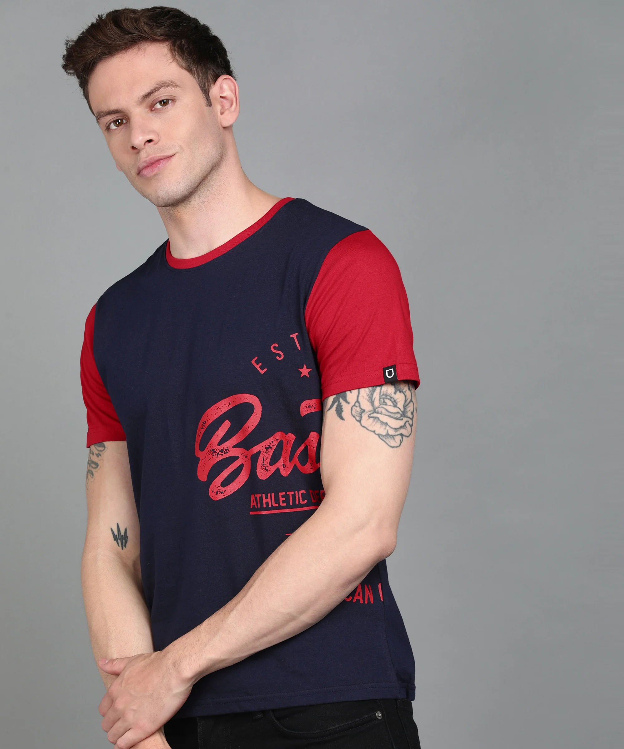 Urbano Fashion Men's Navy Blue, Red Graphic Printed Round Neck Half Sleeve Slim Fit Cotton T-Shirt - Image 2