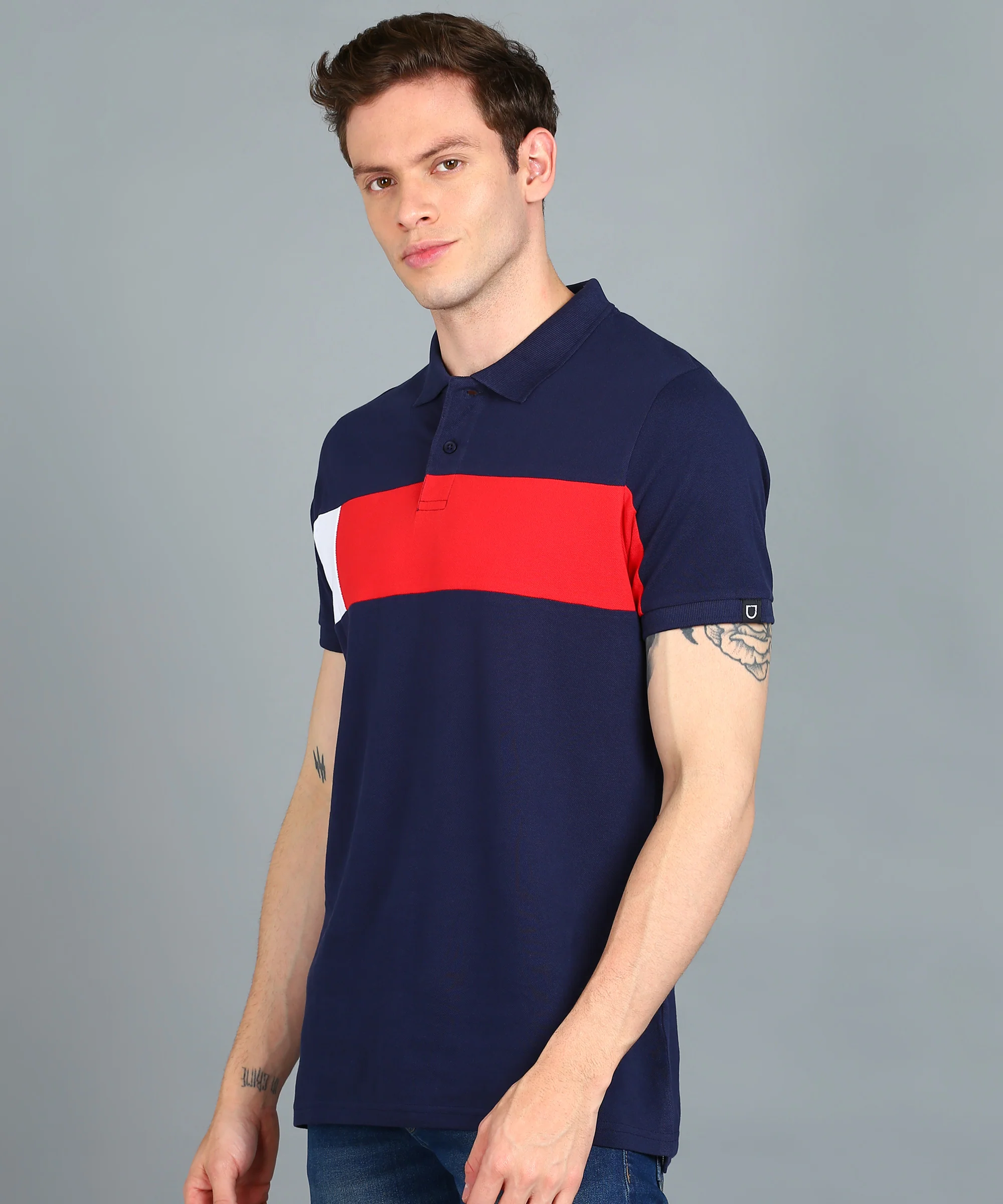 Men's Navy Blue, Red, White Colour-Block Slim Fit Half Sleeve Cotton Polo T-Shirt - Image 2