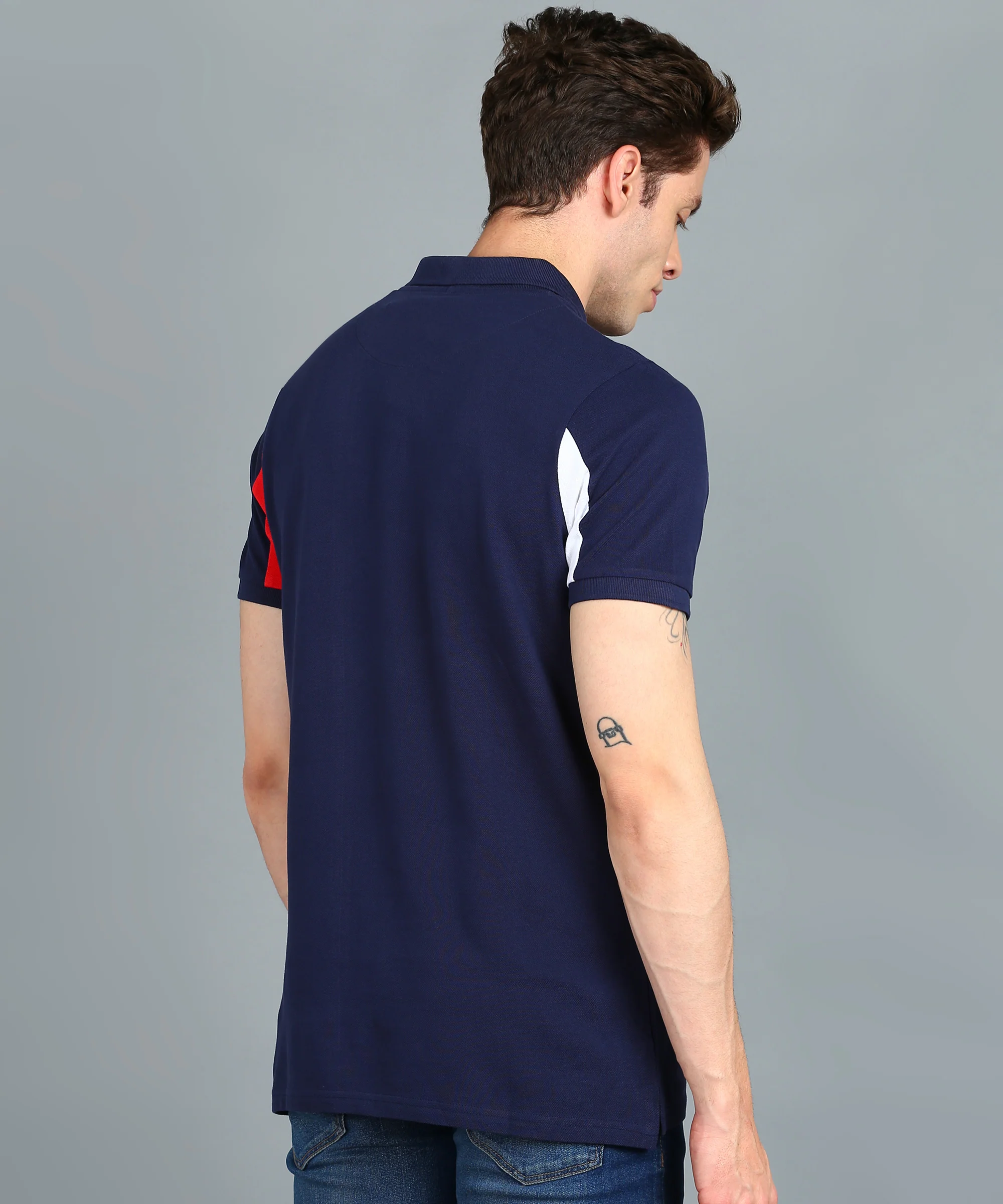 Men's Navy Blue, Red, White Colour-Block Slim Fit Half Sleeve Cotton Polo T-Shirt - Image 3