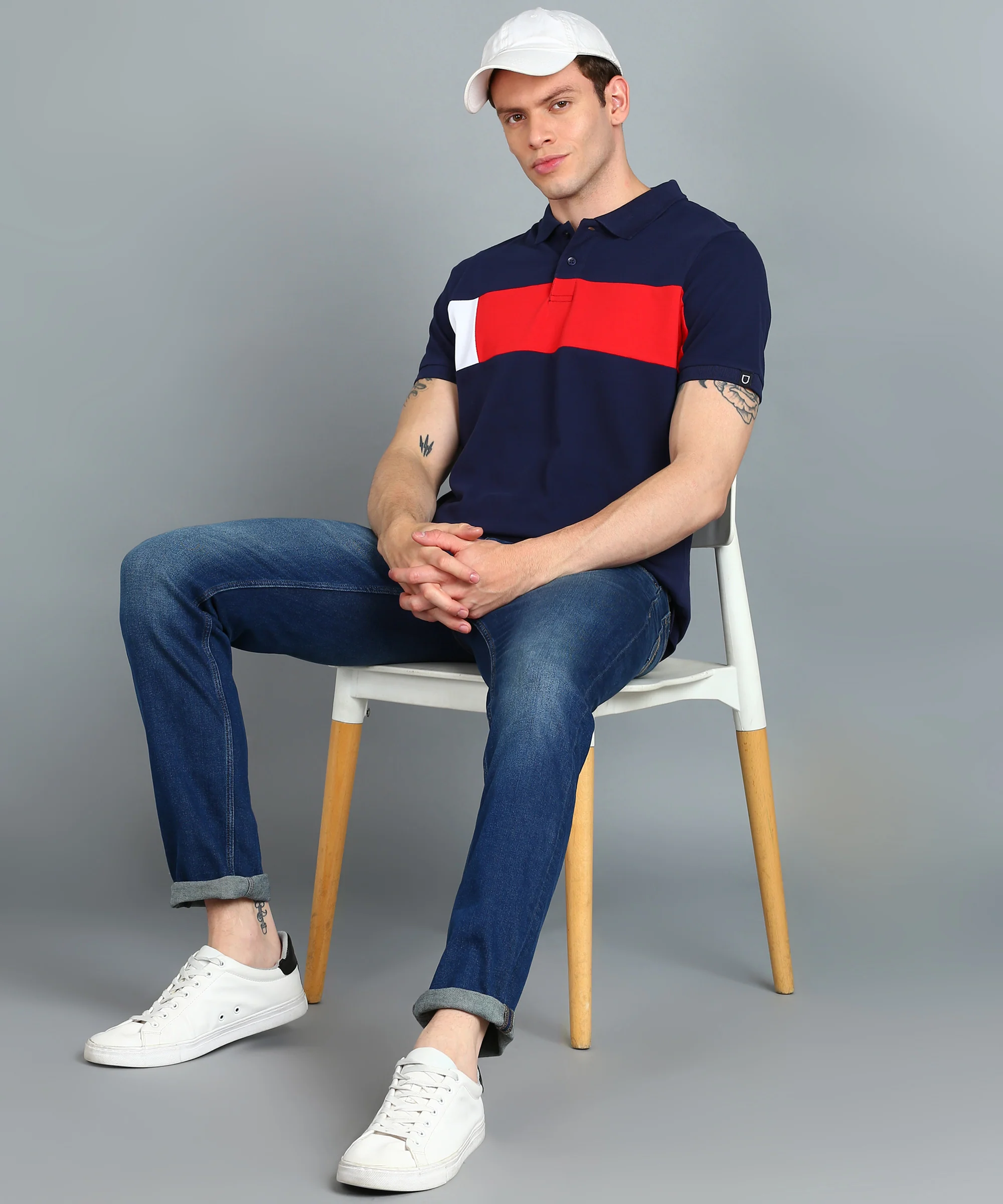 Men's Navy Blue, Red, White Colour-Block Slim Fit Half Sleeve Cotton Polo T-Shirt - Image 4