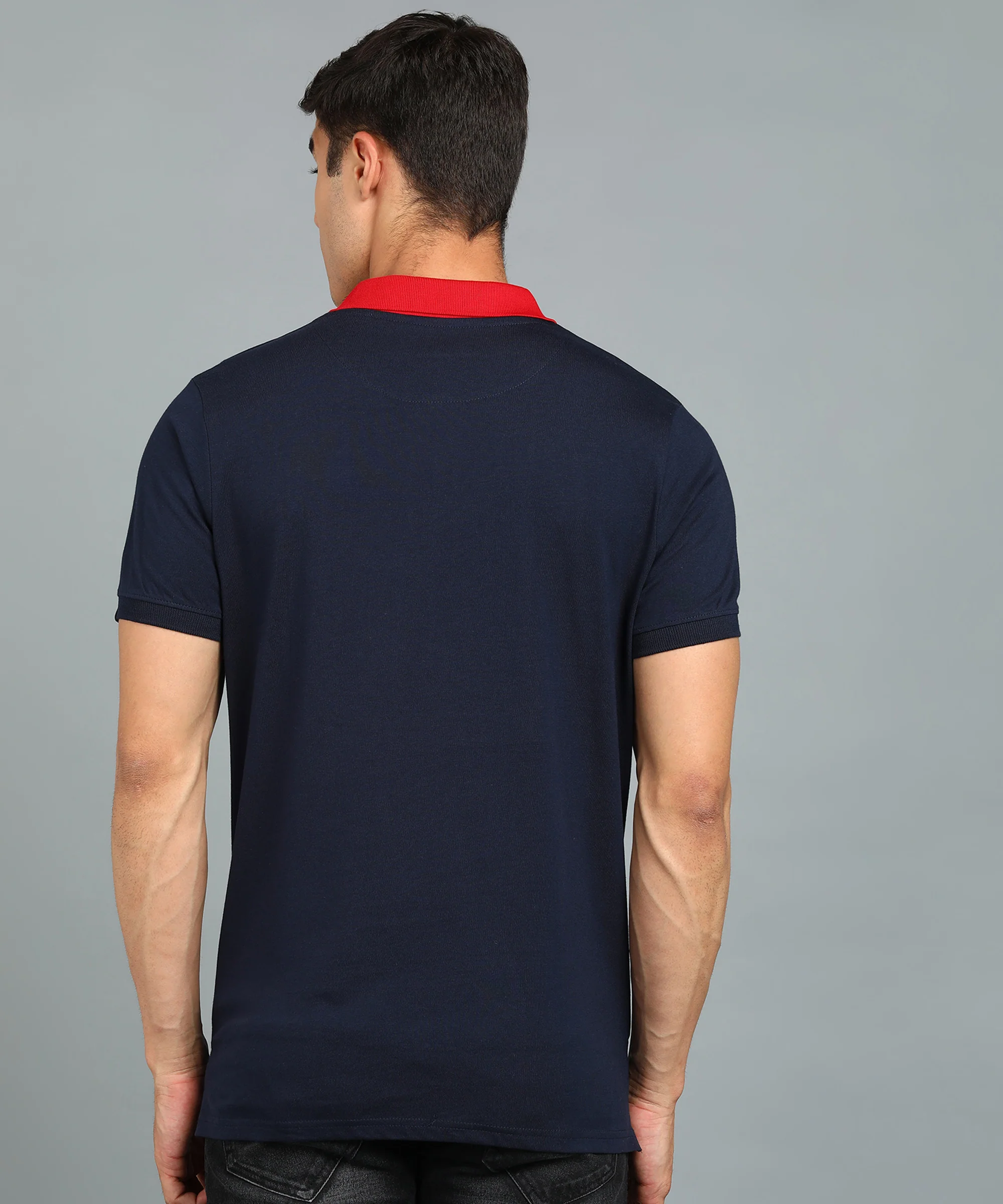 Men's Navy Blue, Red, White Colour-Block Slim Fit Half Sleeve Cotton Polo T-Shirt - Image 3
