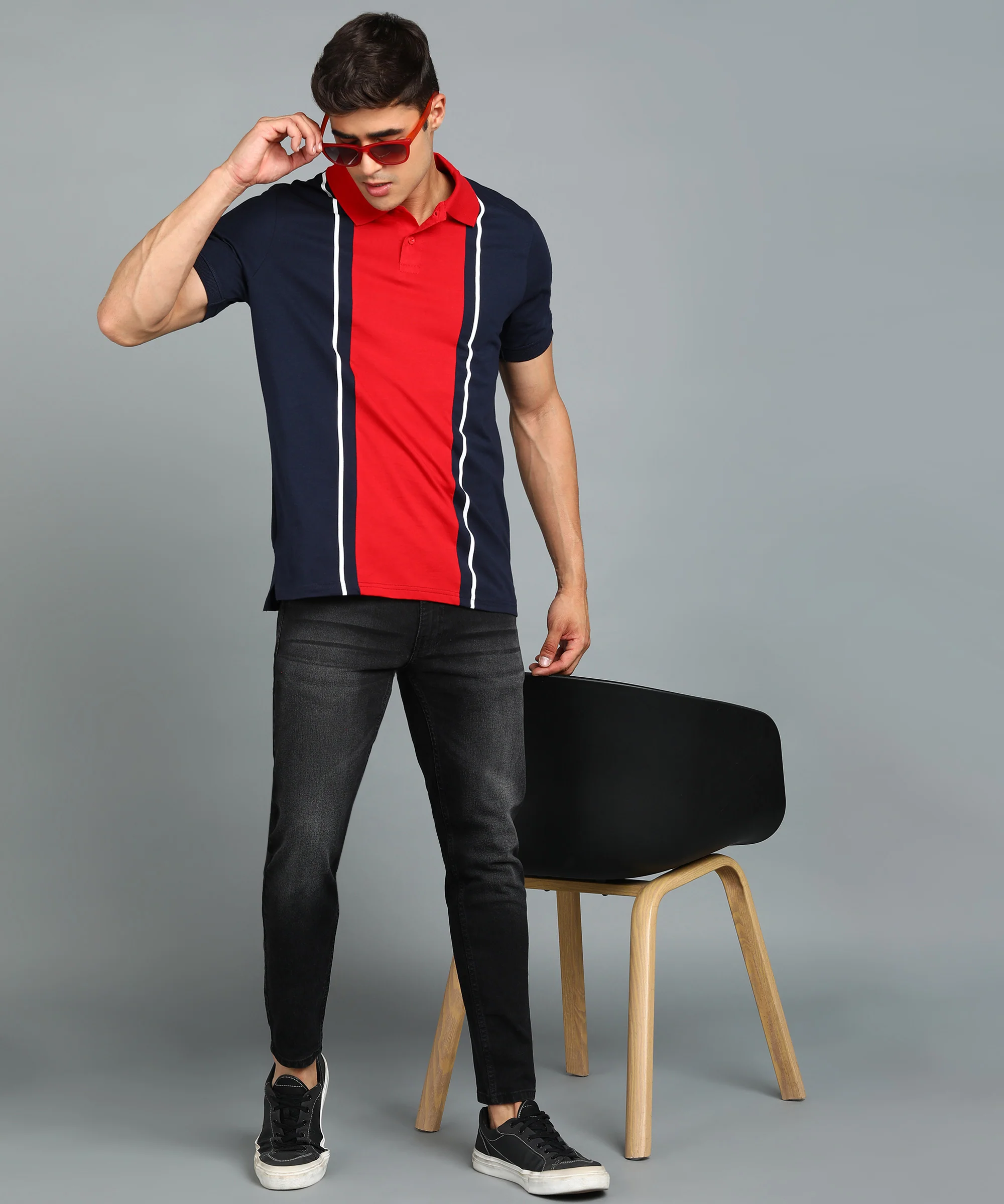 Men's Navy Blue, Red, White Colour-Block Slim Fit Half Sleeve Cotton Polo T-Shirt - Image 4
