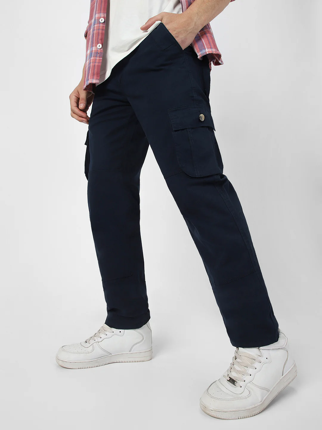 Men's Navy Blue Regular Fit Solid Cargo Chino Pant with 6 Pockets - Image 2