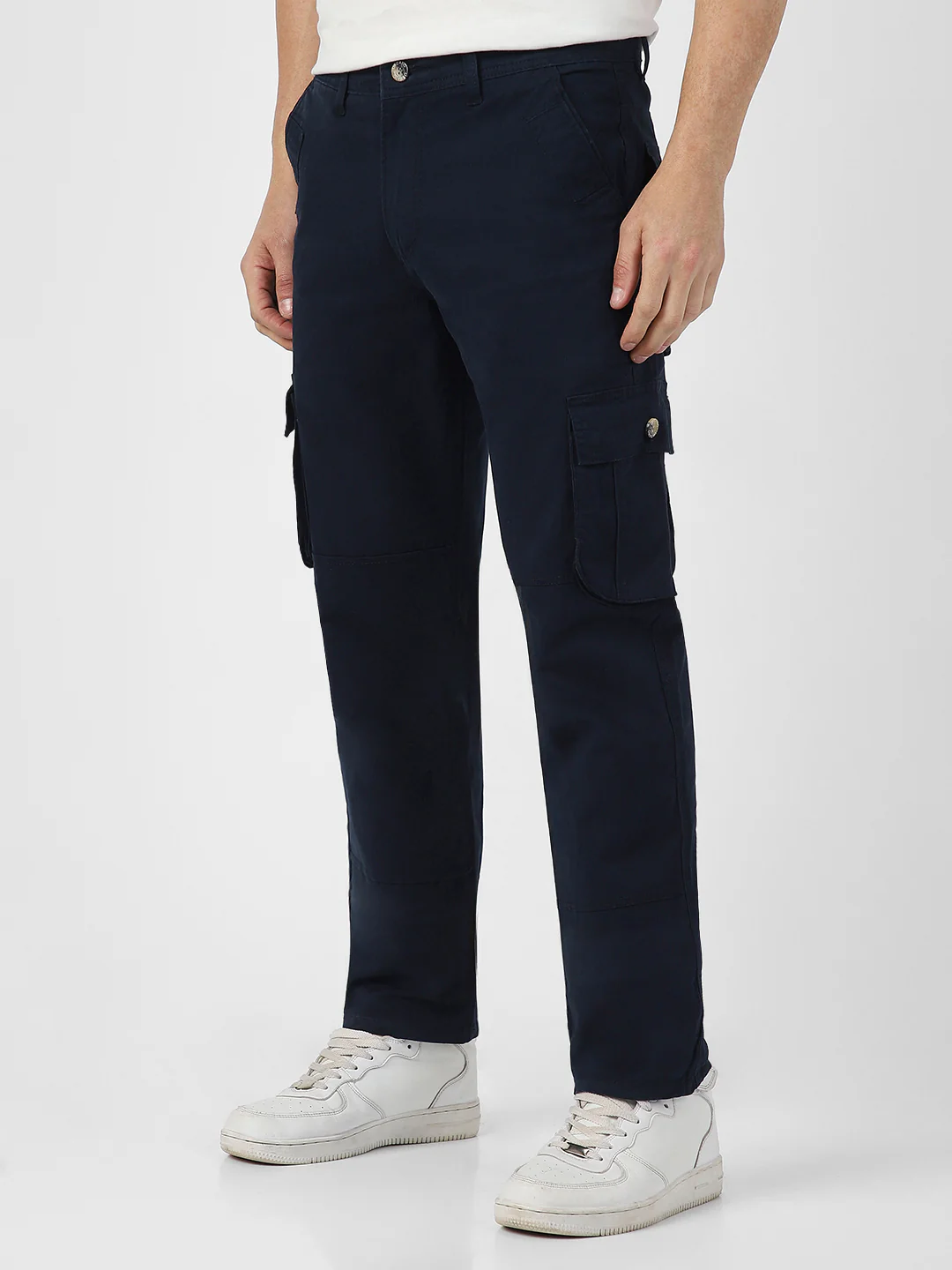 Men's Navy Blue Regular Fit Solid Cargo Chino Pant with 6 Pockets - Image 3