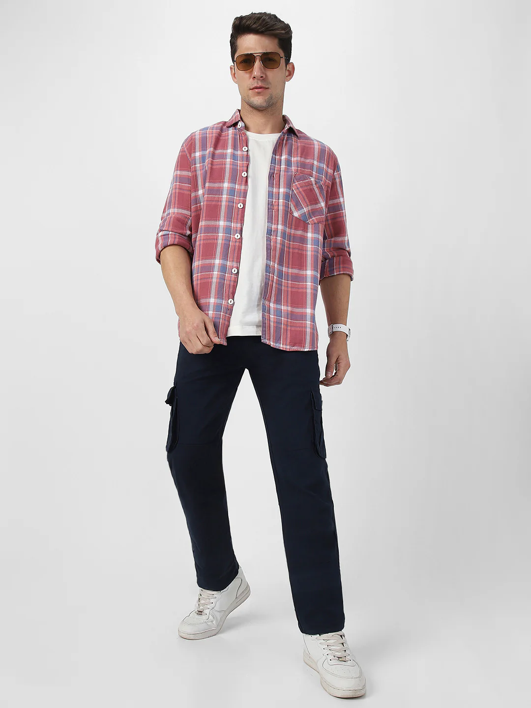 Men's Navy Blue Regular Fit Solid Cargo Chino Pant with 6 Pockets - Image 5