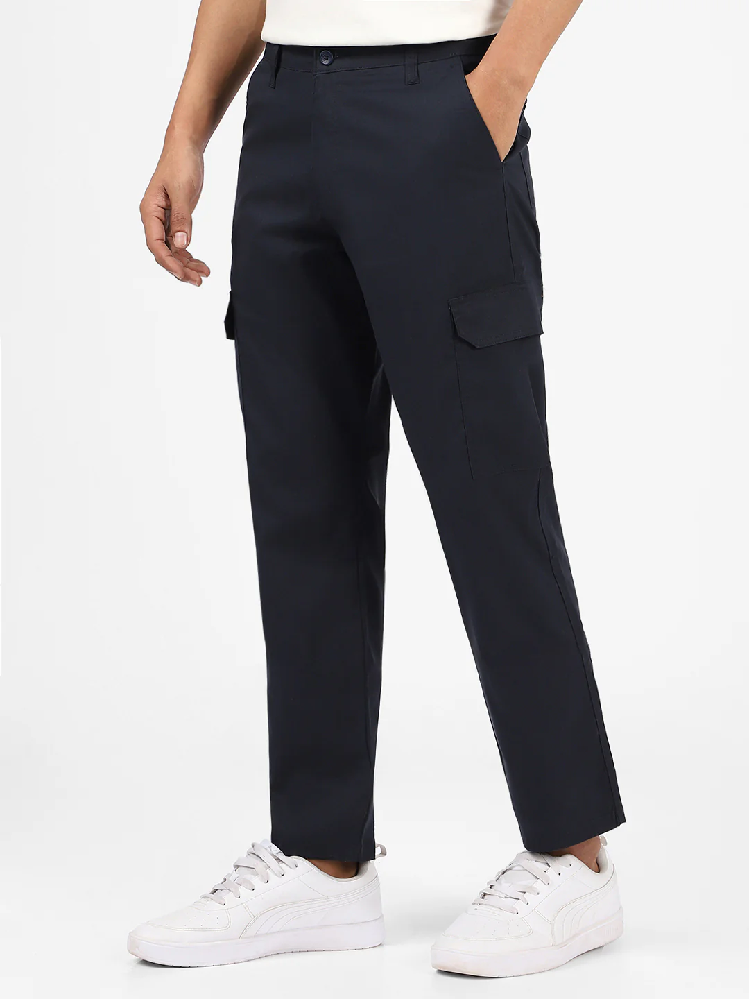 Men's Navy Blue Regular Fit Solid Cargo Chino Pant With 6 Pockets - Image 2