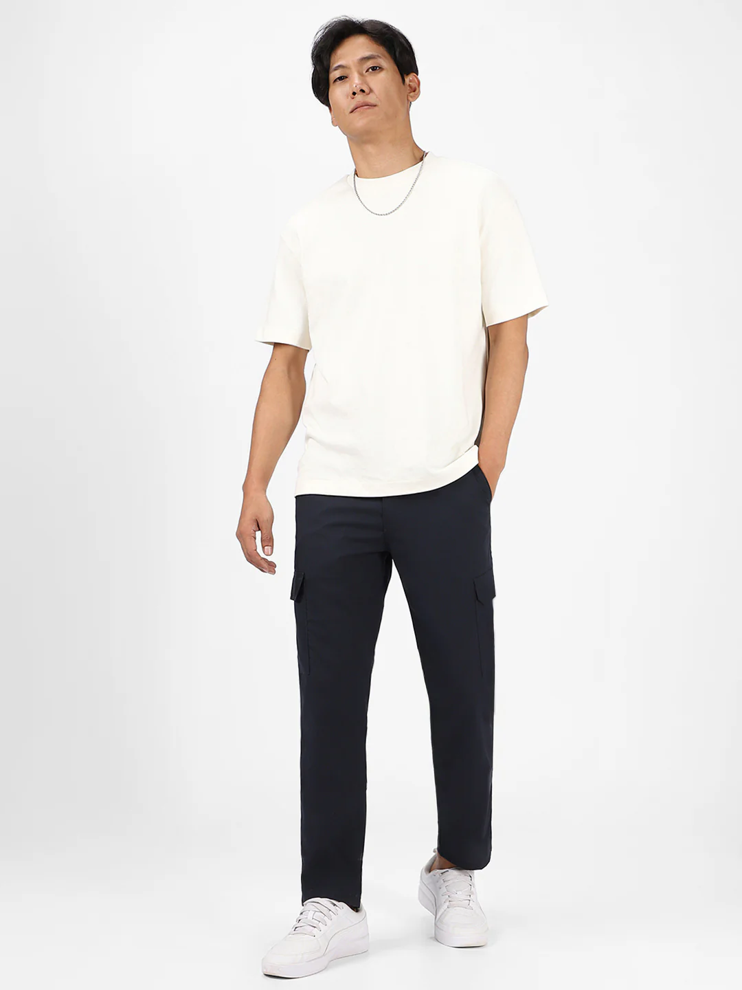 Men's Navy Blue Regular Fit Solid Cargo Chino Pant With 6 Pockets - Image 4